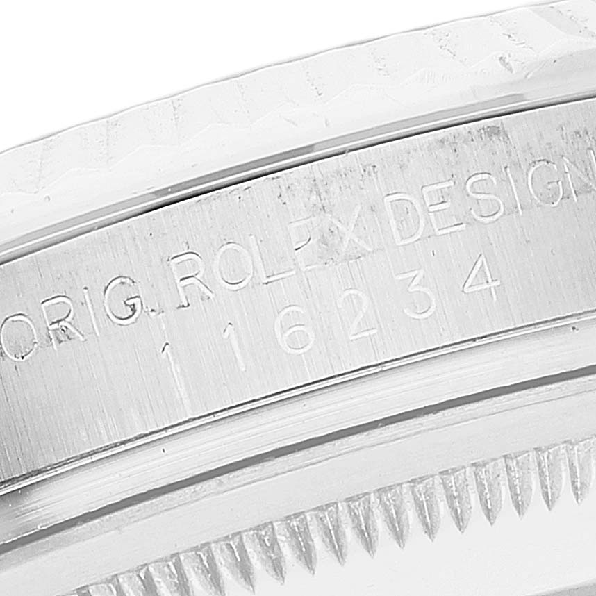 The image shows a close-up of the side case of a Rolex Datejust 116234 Men's Stainless Steel Black Dial 116234 Men's Stainless Steel Black Dial watch, displaying its model number 16234.