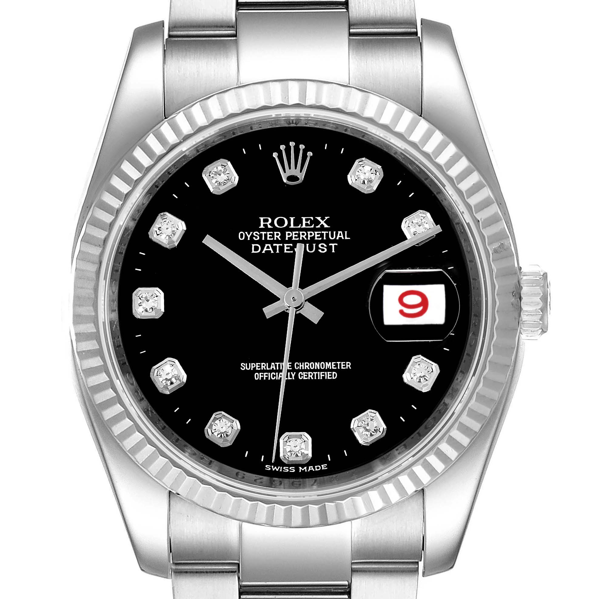 The image shows a front view of a Rolex Datejust 116234 Men's Stainless Steel Black Dial 116234 Men's Stainless Steel Black Dial watch, highlighting the black dial, diamond hour markers, and date window.