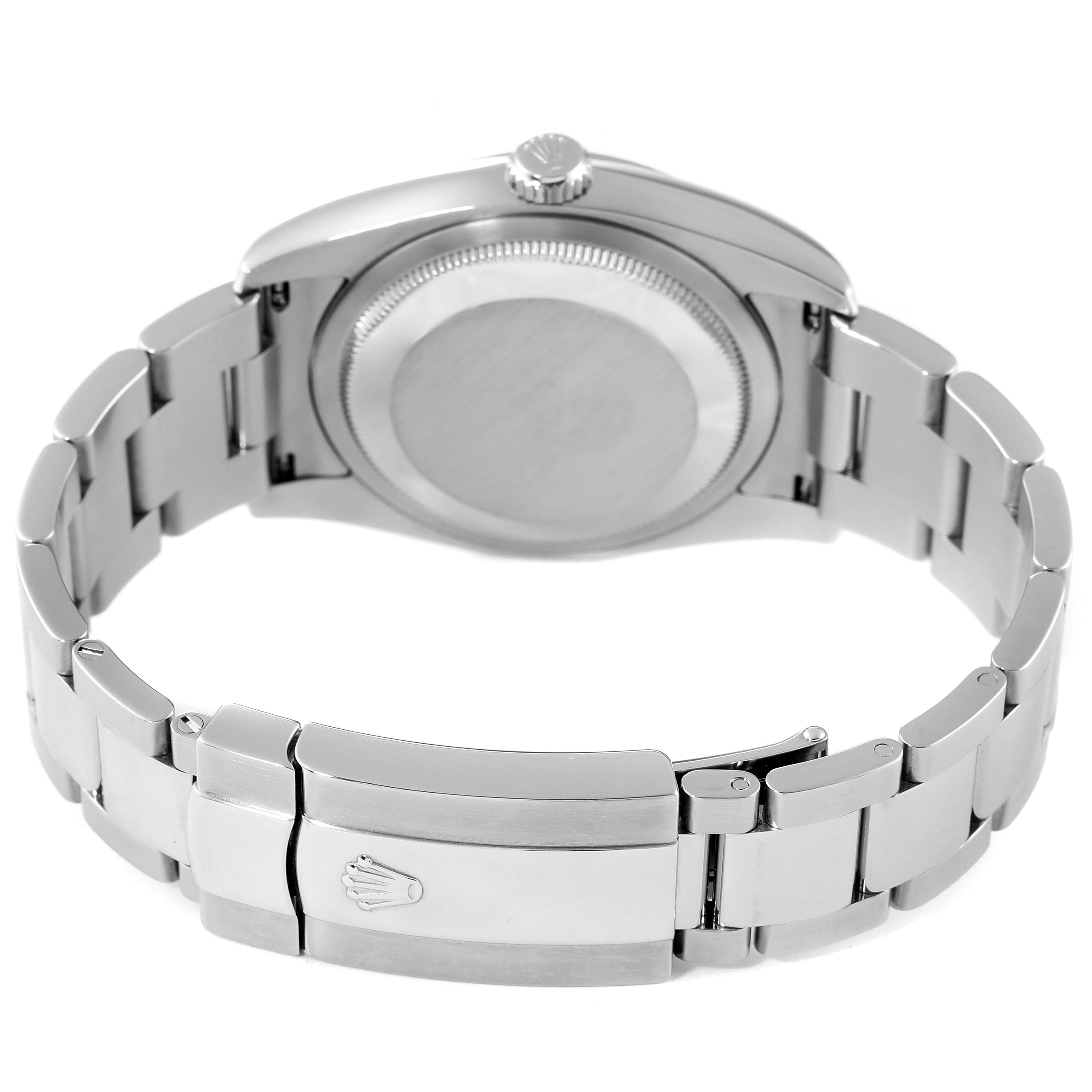 This image shows the back view of the Rolex Datejust 116234 Men's Stainless Steel Black Dial 116234 Men's Stainless Steel Black Dial watch, focusing on the case back, bracelet, and clasp.