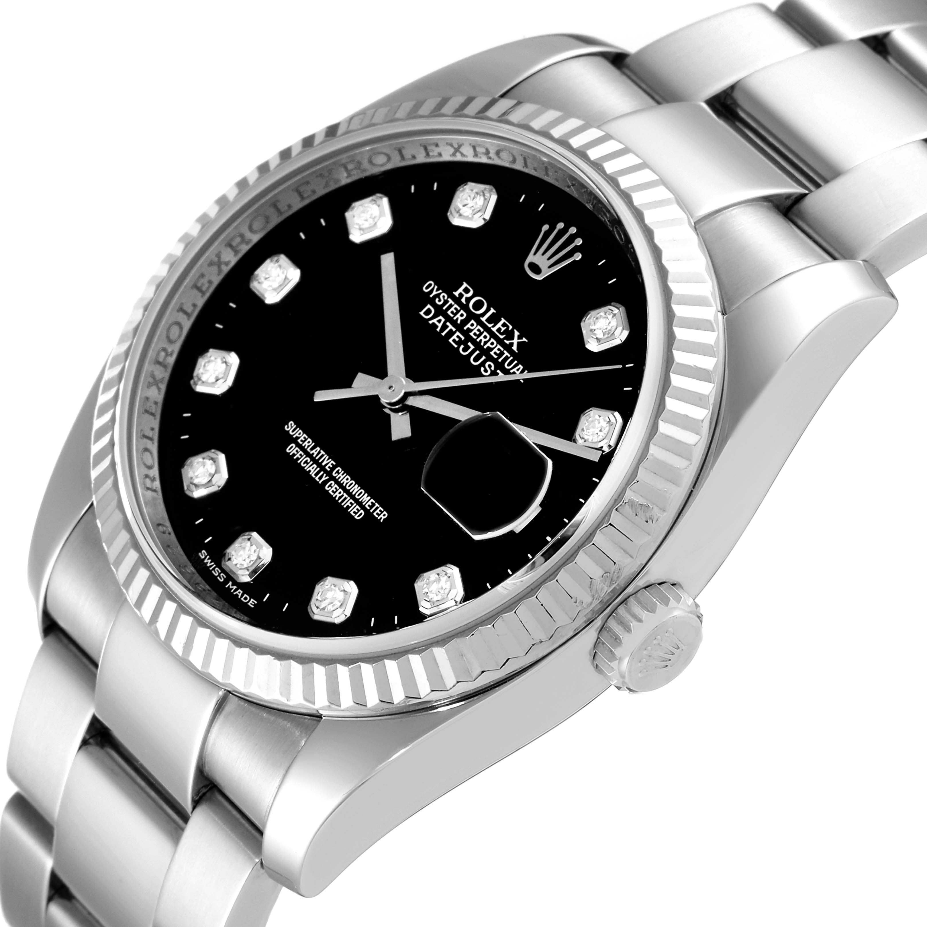 The image shows a close-up angled view of the Rolex Datejust 116234 Men's Stainless Steel Black Dial 116234 Men's Stainless Steel Black Dial watch, focusing on the dial, crown, and part of the bracelet.
