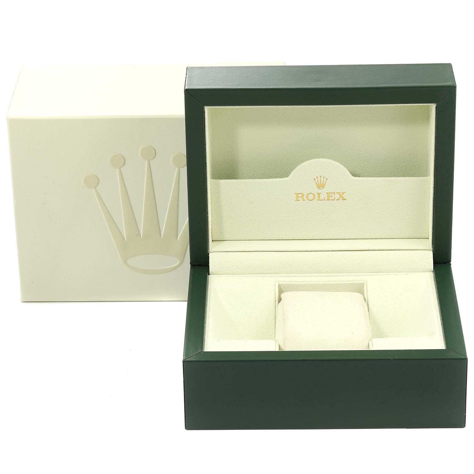 The image shows an open Rolex Datejust 116234 Men's Stainless Steel Black Dial 116234 Men's Stainless Steel Black Dial watch box and its outer cover, displaying the interior cushion and storage sections.