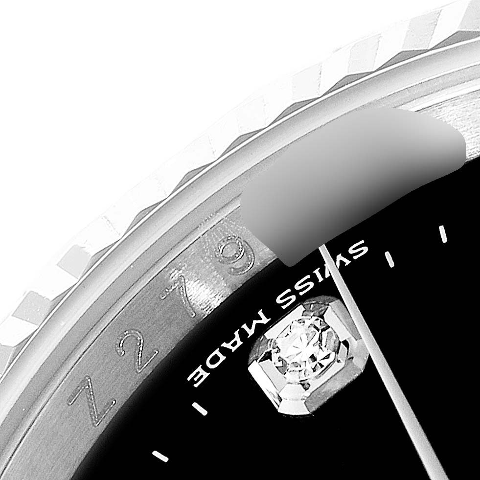 This image shows a close-up of the dial and bezel of a Rolex Datejust 116234 Men's Stainless Steel Black Dial 116234 Men's Stainless Steel Black Dial watch, highlighting the "Swiss Made" text and a diamond marker.