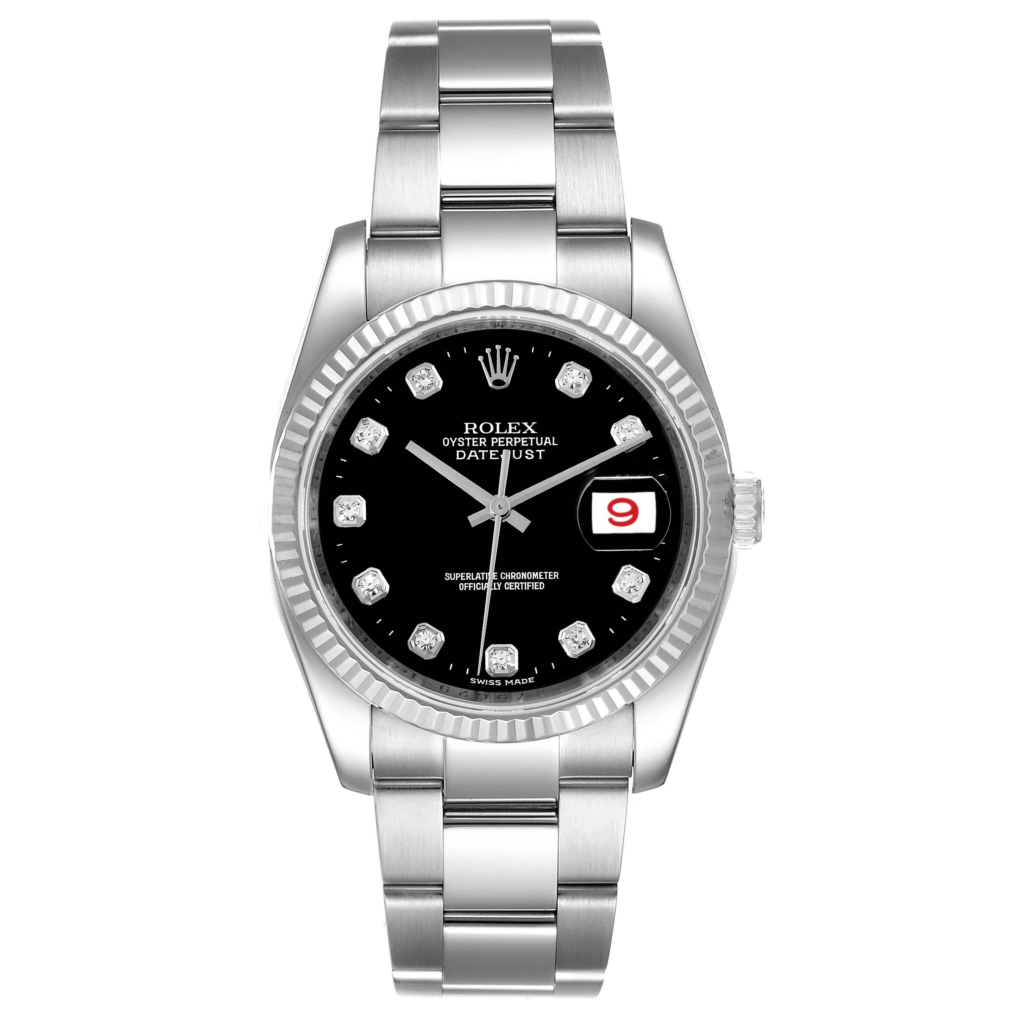 The image shows a front view of the Rolex Datejust 116234 Men's Stainless Steel Black Dial 116234 Men's Stainless Steel Black Dial watch, displaying the dial, bezel, bracelet, and date window.
