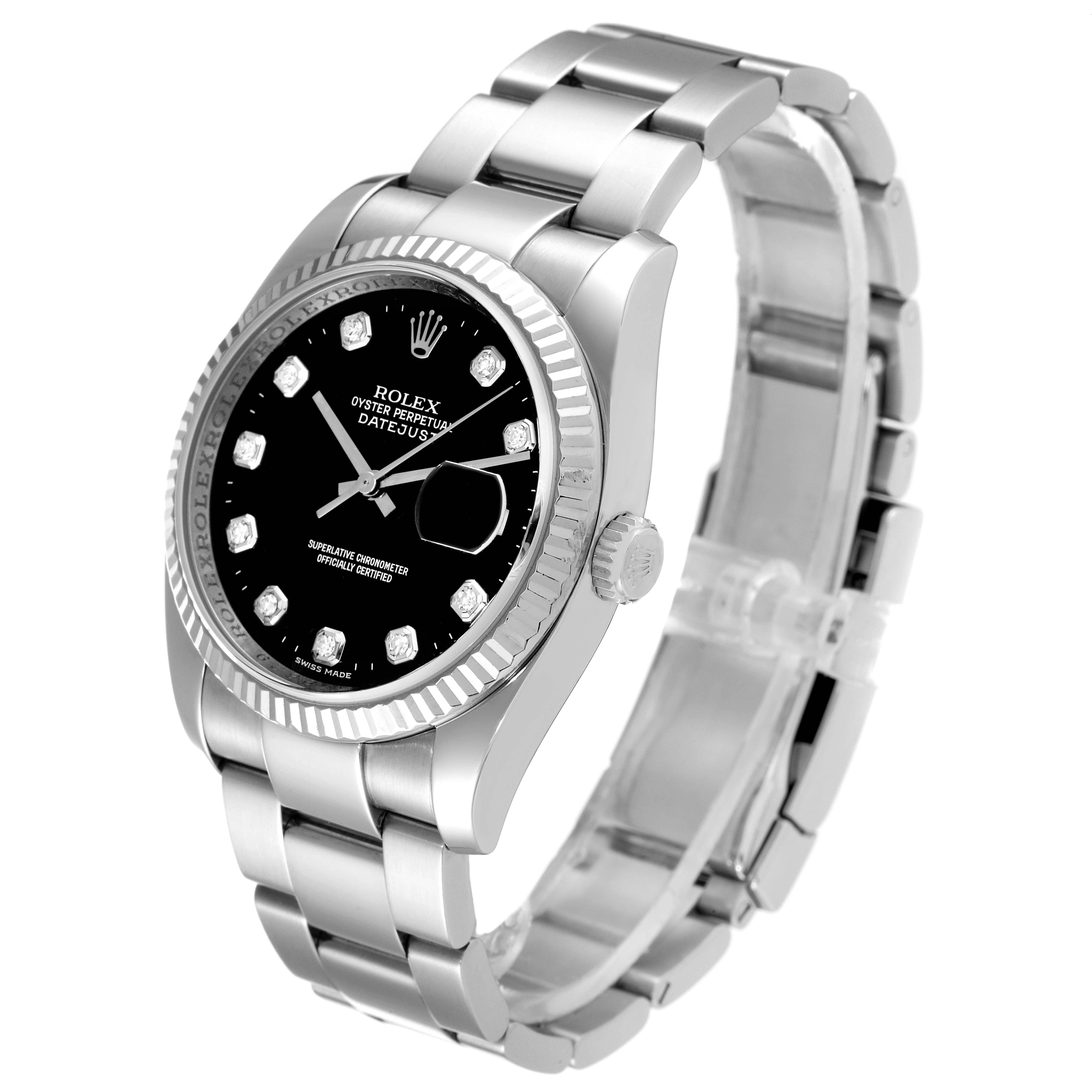 This image shows a side angle of a Rolex Datejust 116234 Men's Stainless Steel Black Dial 116234 Men's Stainless Steel Black Dial watch, highlighting its black dial, bezel, and bracelet.