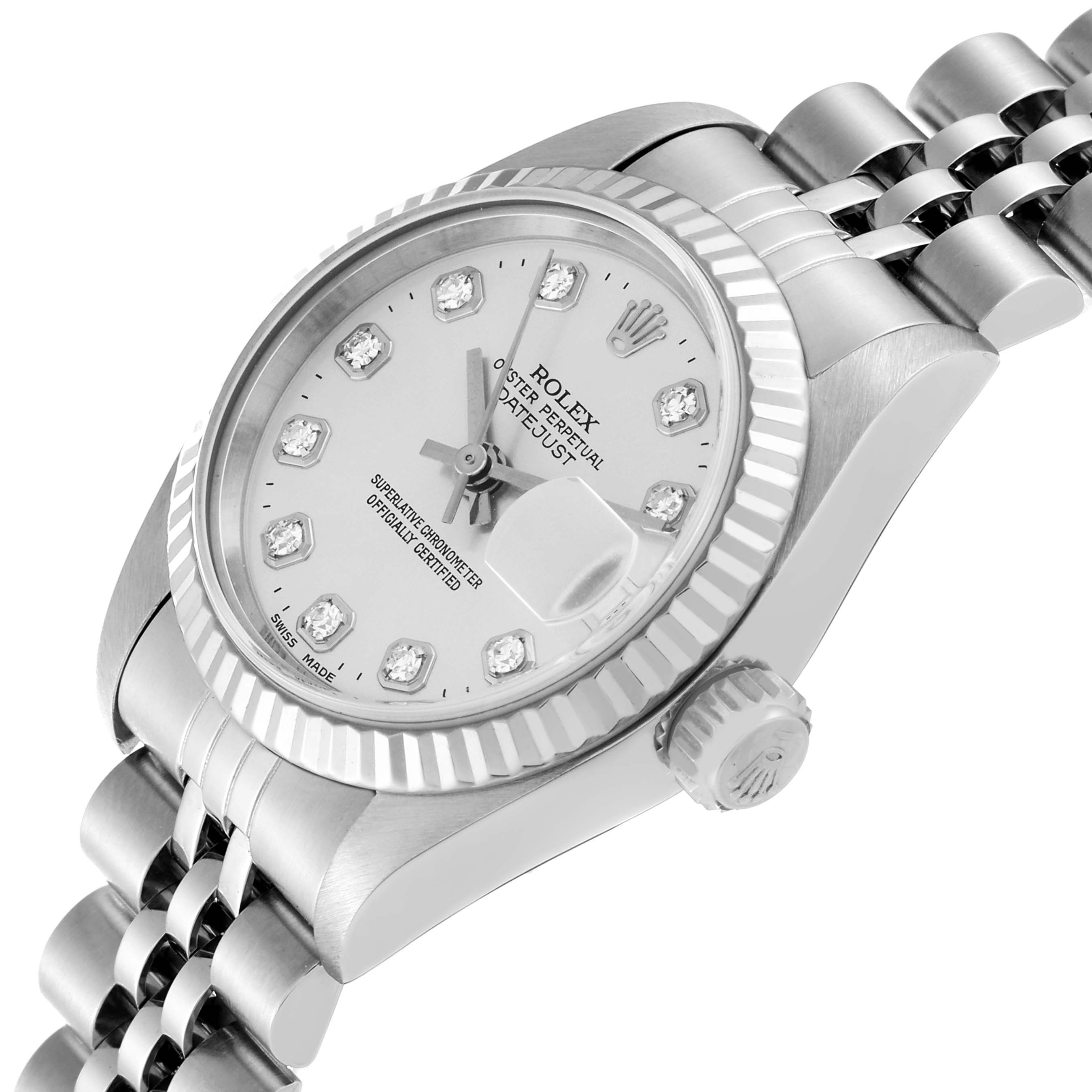 This image shows a close-up angled view of the face, bezel, and part of the bracelet of a Rolex Datejust 69174G Women's Stainless Steel Silver Dial 69174G Women's Stainless Steel Silver Dial watch.