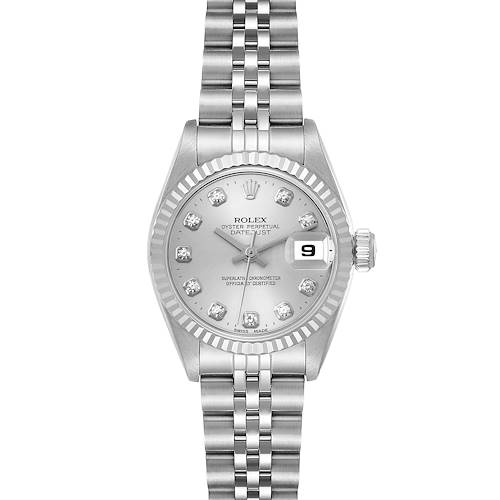 This image shows a Rolex Datejust watch directly from the front, featuring the bracelet, dial, bezel, and date display.