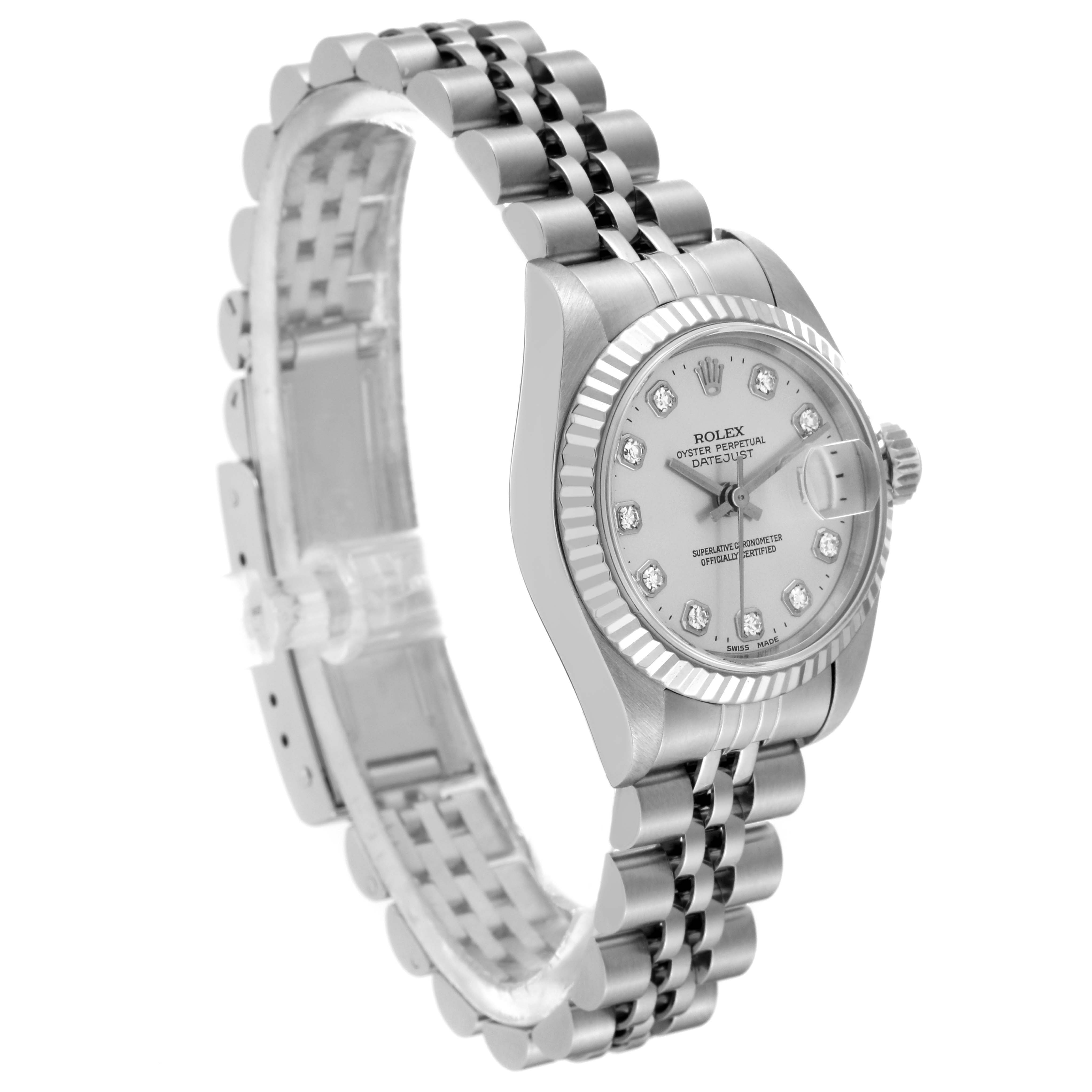 This Rolex Datejust 69174G Women's Stainless Steel Silver Dial 69174G Women's Stainless Steel Silver Dial watch is shown at a side angle, displaying its silver bracelet, fluted bezel, and diamond-accented dial.