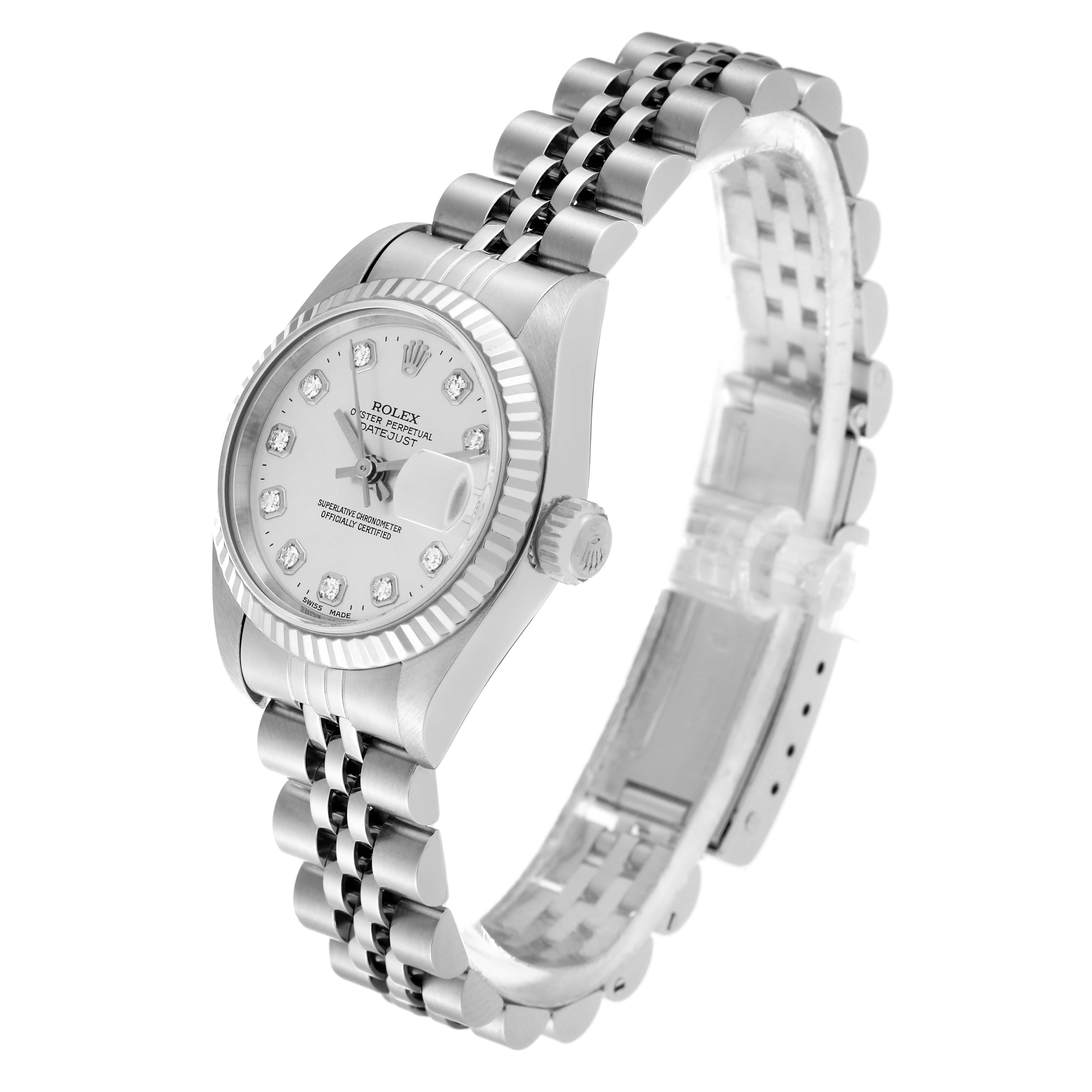 The Rolex Datejust 69174G Women's Stainless Steel Silver Dial 69174G Women's Stainless Steel Silver Dial watch is shown at an angled perspective, displaying the face, case, crown, and Jubilee bracelet.