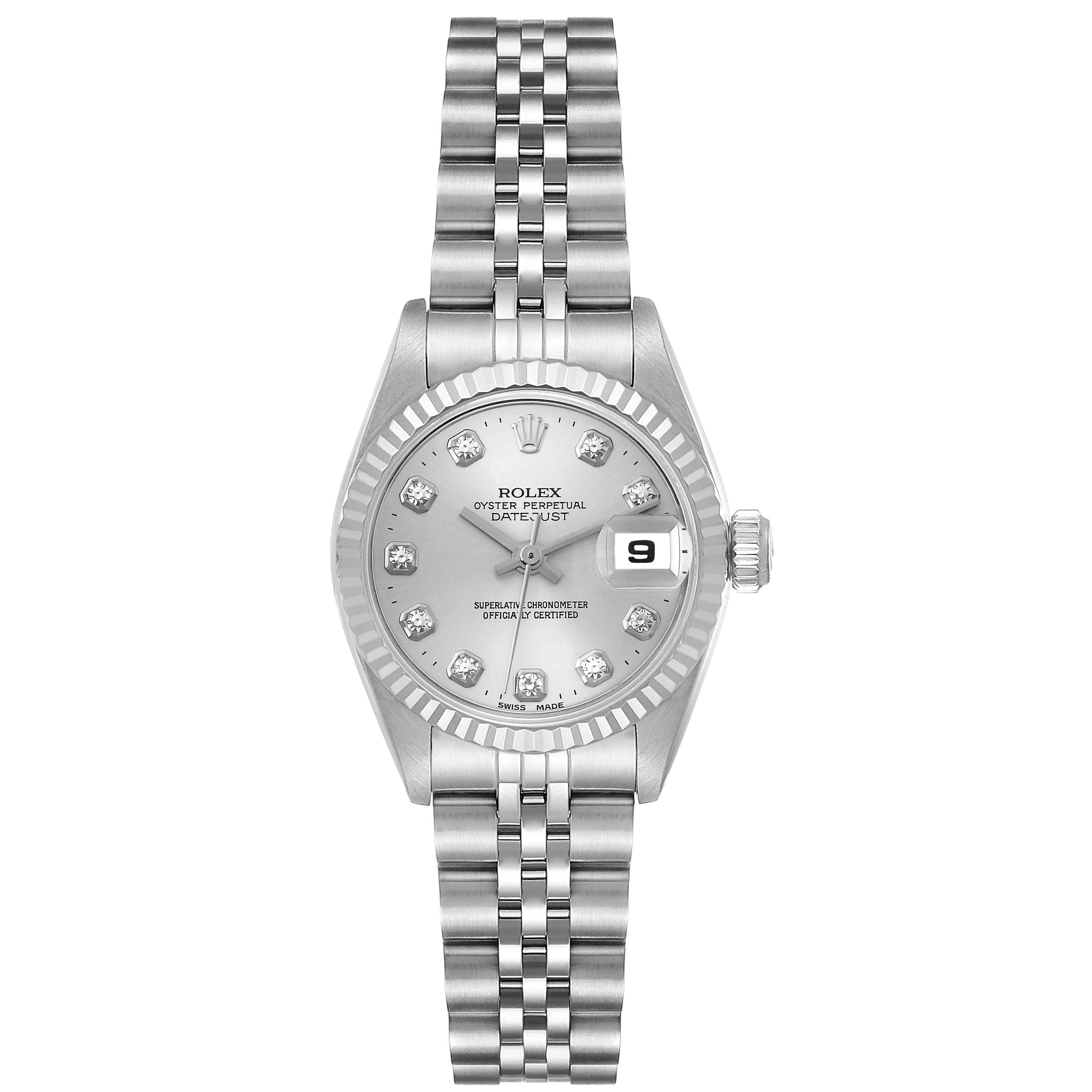 This is a front view of the Rolex Datejust 69174G Women's Stainless Steel Silver Dial 69174G Women's Stainless Steel Silver Dial watch showing its dial, bezel, case, and bracelet.