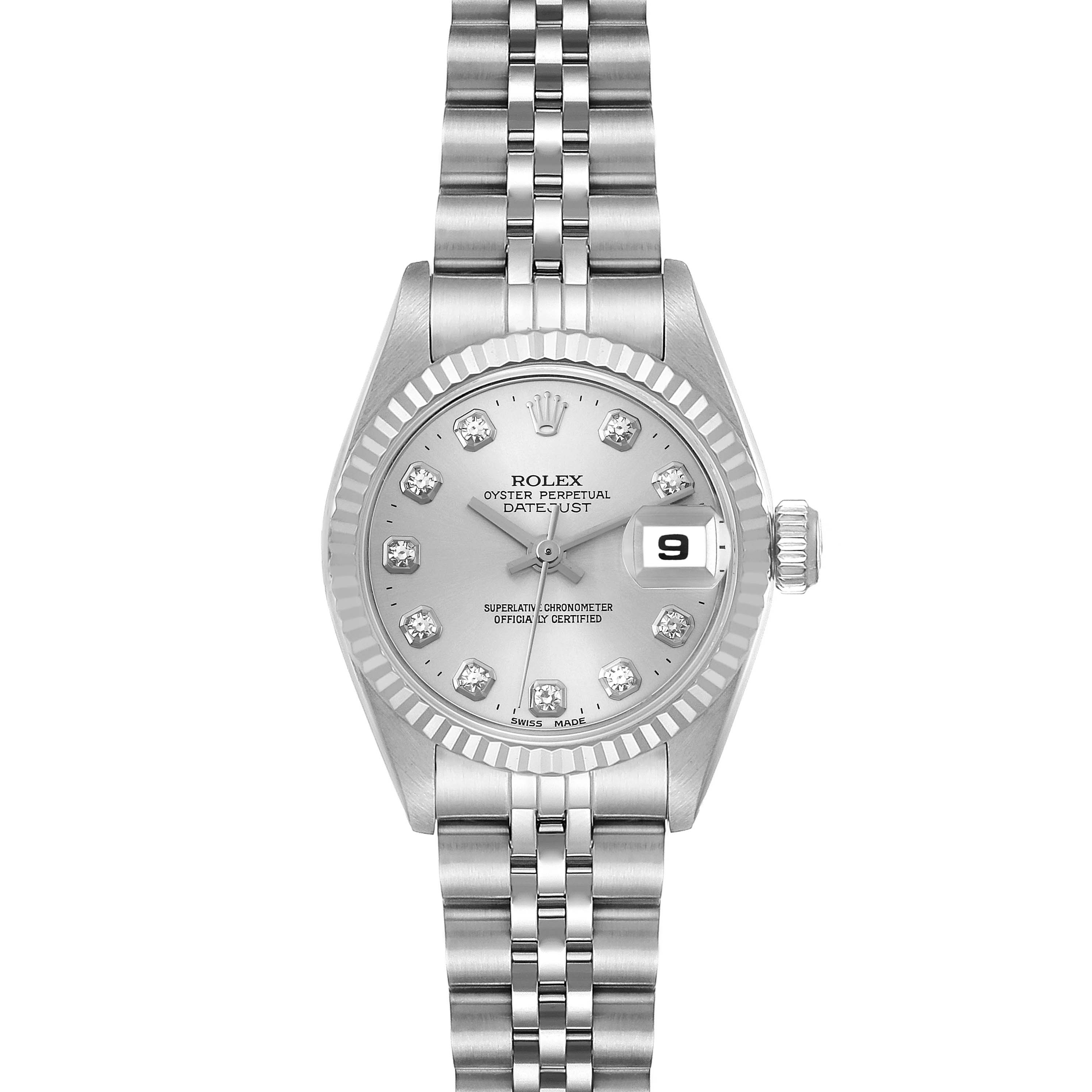 This image shows a front view of a Rolex Datejust 69174G Women's Stainless Steel Silver Dial 69174G Women's Stainless Steel Silver Dial watch, displaying its face, jubilee bracelet, and diamond hour markers.