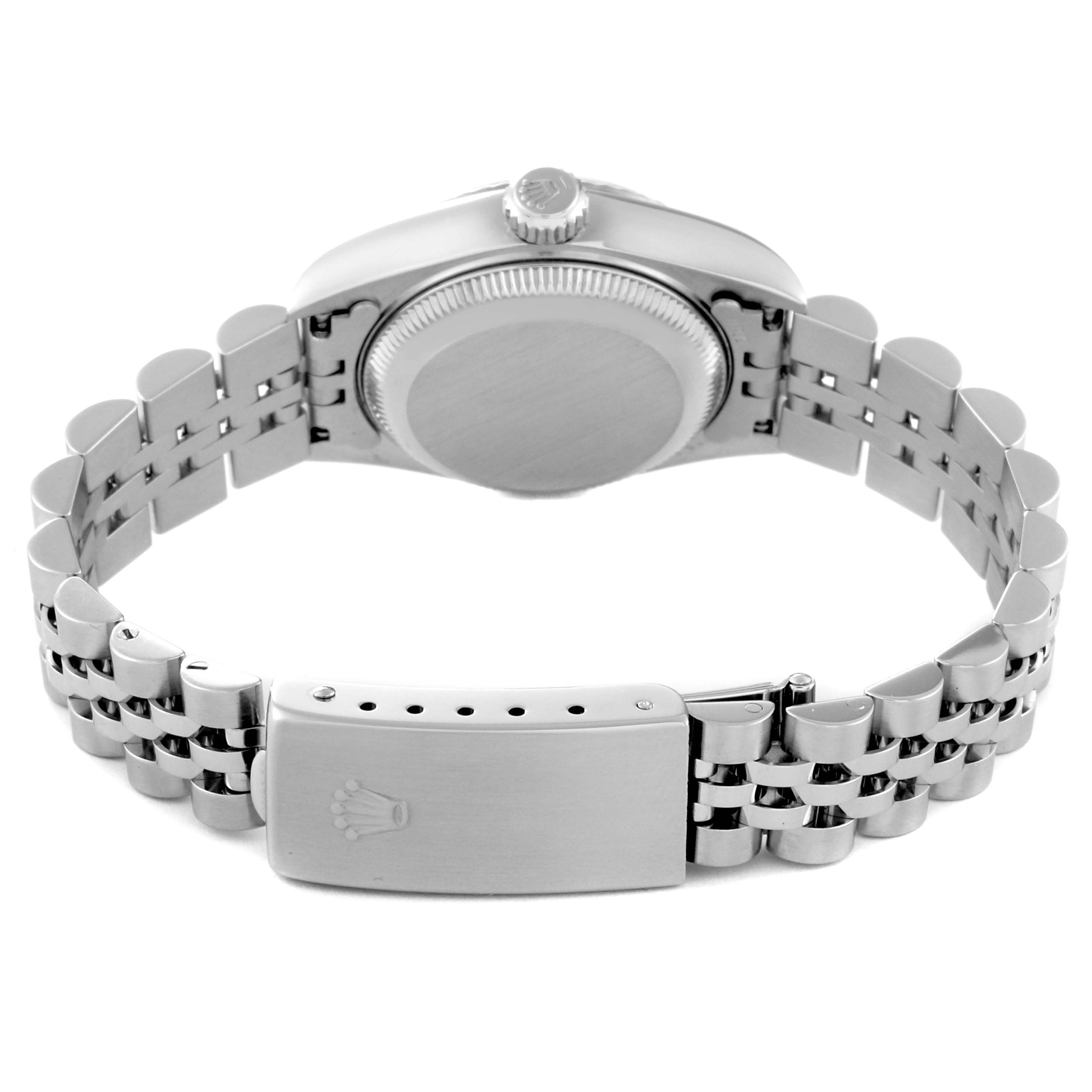 The image shows the back view of the Rolex Datejust 69174G Women's Stainless Steel Silver Dial 69174G Women's Stainless Steel Silver Dial watch, highlighting its bracelet and clasp.