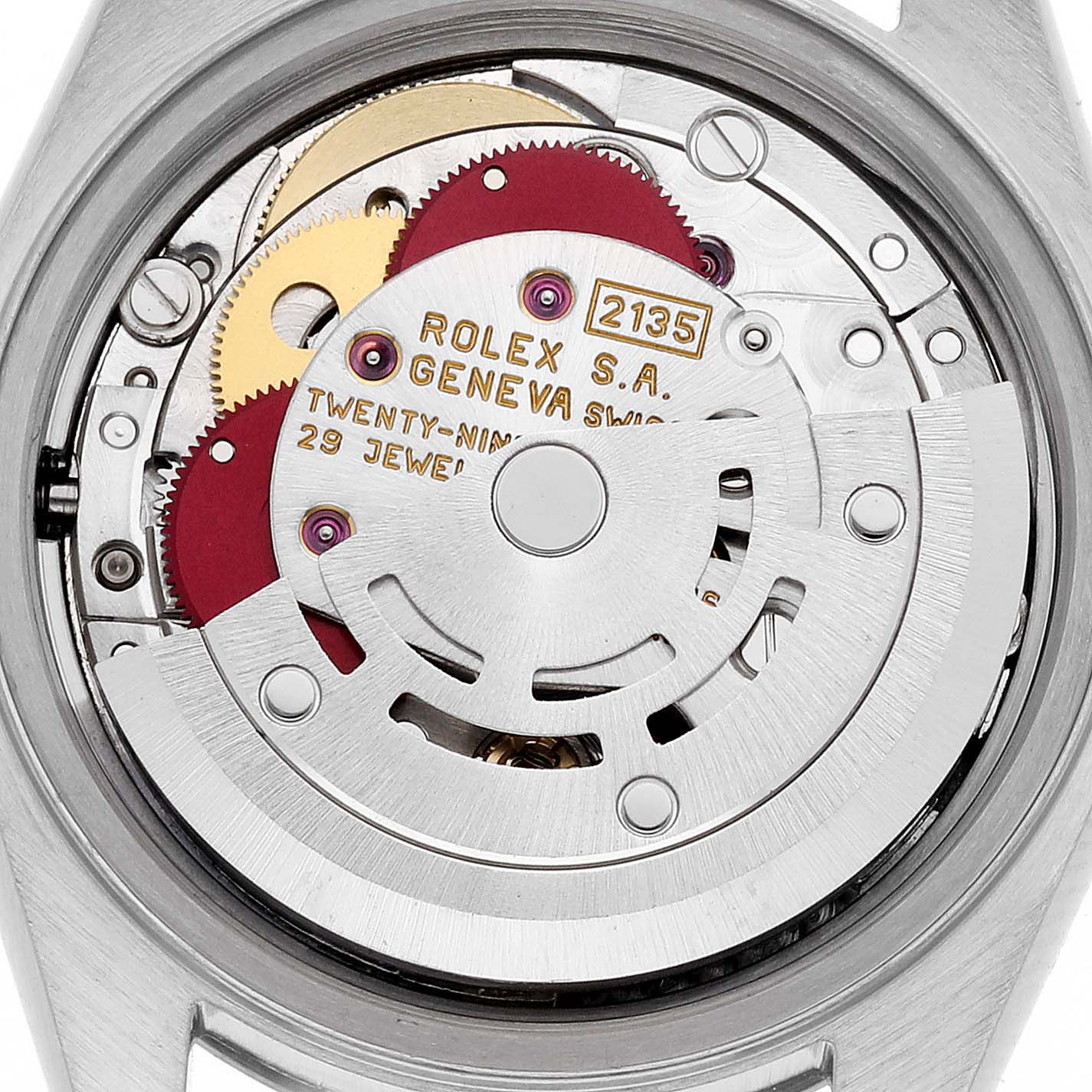 This image shows the movement of a Rolex Datejust 69174G Women's Stainless Steel Silver Dial 69174G Women's Stainless Steel Silver Dial, highlighting gears and the rotor mechanism.