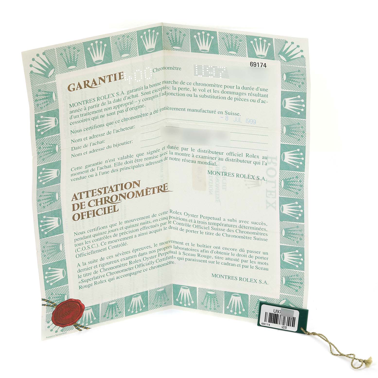 The image shows a Rolex Datejust 69174G Women's Stainless Steel Silver Dial 69174G Women's Stainless Steel Silver Dial warranty certificate and tag, displayed flat with visible text and a green border featuring the Rolex crown logo.