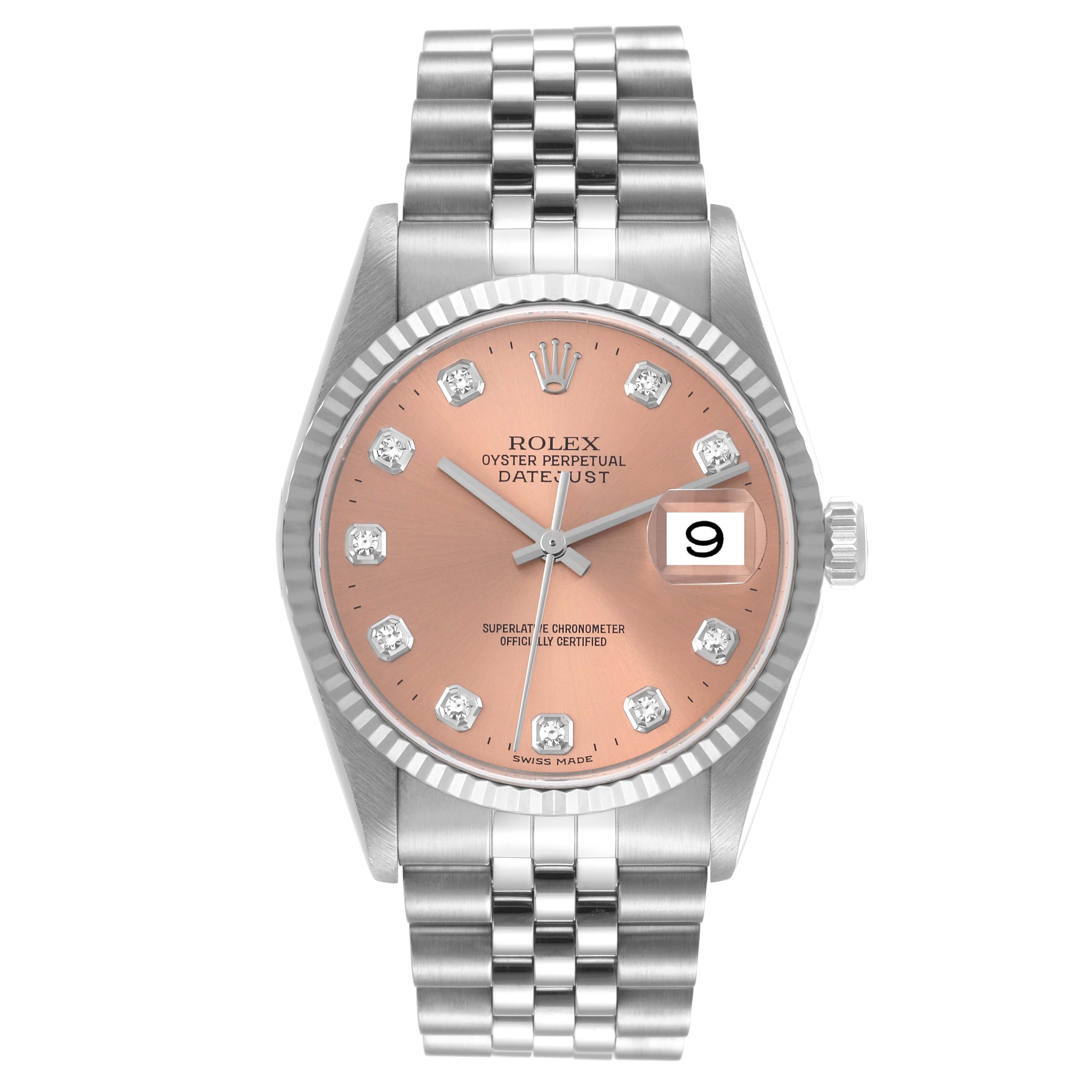 The Rolex Datejust 16234 Men's Stainless Steel Pink Dial 16234 Men's Stainless Steel Pink Dial watch is shown from a top-down angle, displaying its dial, hands, date window, and bracelet.