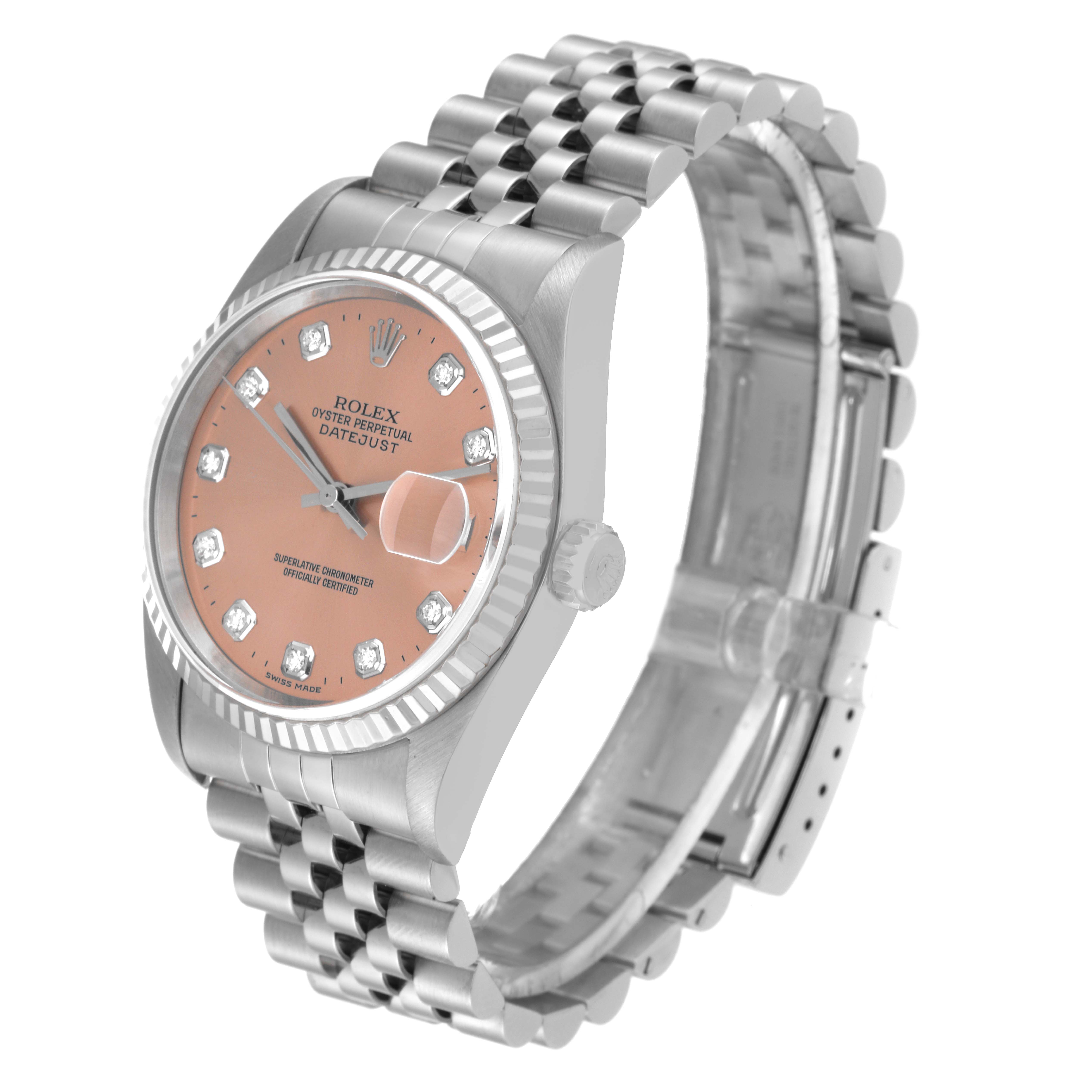 This Rolex Datejust 16234 Men's Stainless Steel Pink Dial 16234 Men's Stainless Steel Pink Dial watch is shown at an angle highlighting the face, bezel, crown, and band.