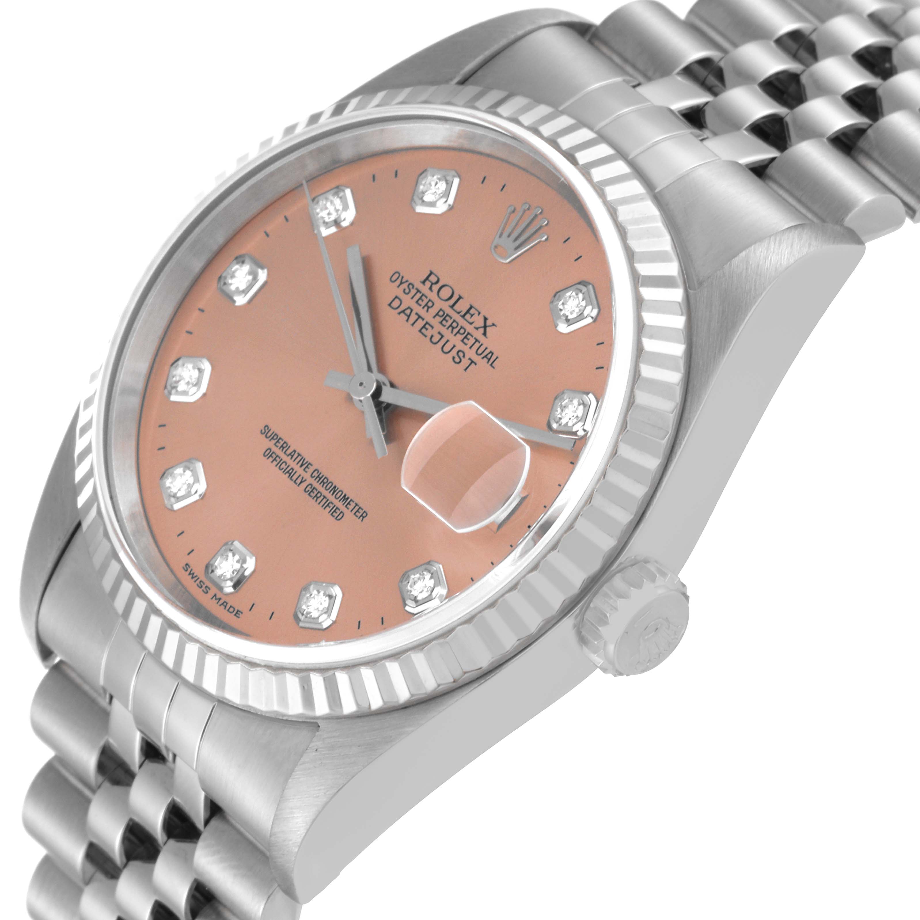 The Rolex Datejust 16234 Men's Stainless Steel Pink Dial 16234 Men's Stainless Steel Pink Dial watch is shown at a slight angle highlighting the face, crown, and part of the bracelet.
