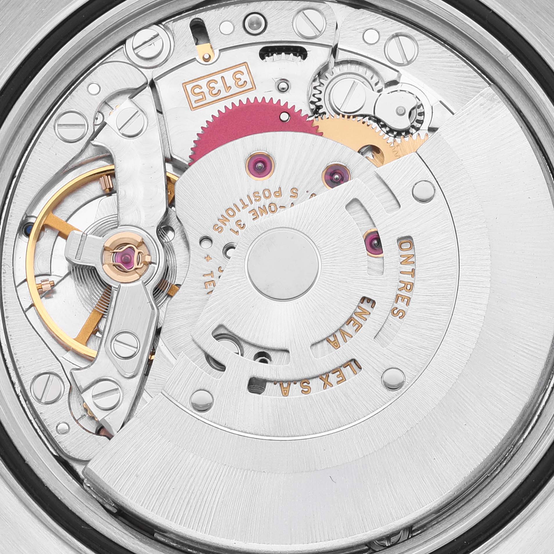 The image shows a close-up view of the inner mechanical movement of a Rolex Datejust 16234 Men's Stainless Steel Pink Dial 16234 Men's Stainless Steel Pink Dial watch.