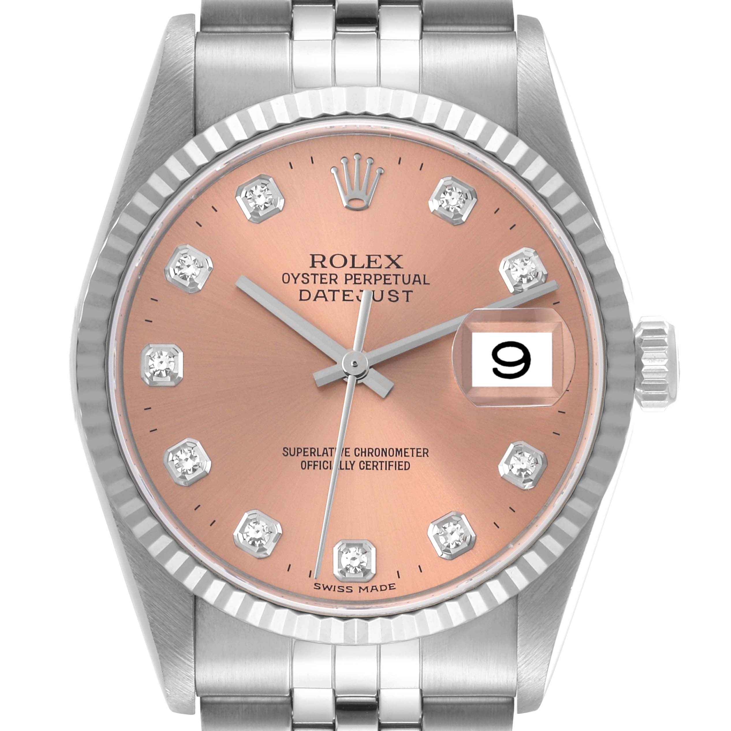 This image shows a front view of a Rolex Datejust 16234 Men's Stainless Steel Pink Dial 16234 Men's Stainless Steel Pink Dial watch, highlighting the dial, bezel, and part of the bracelet.