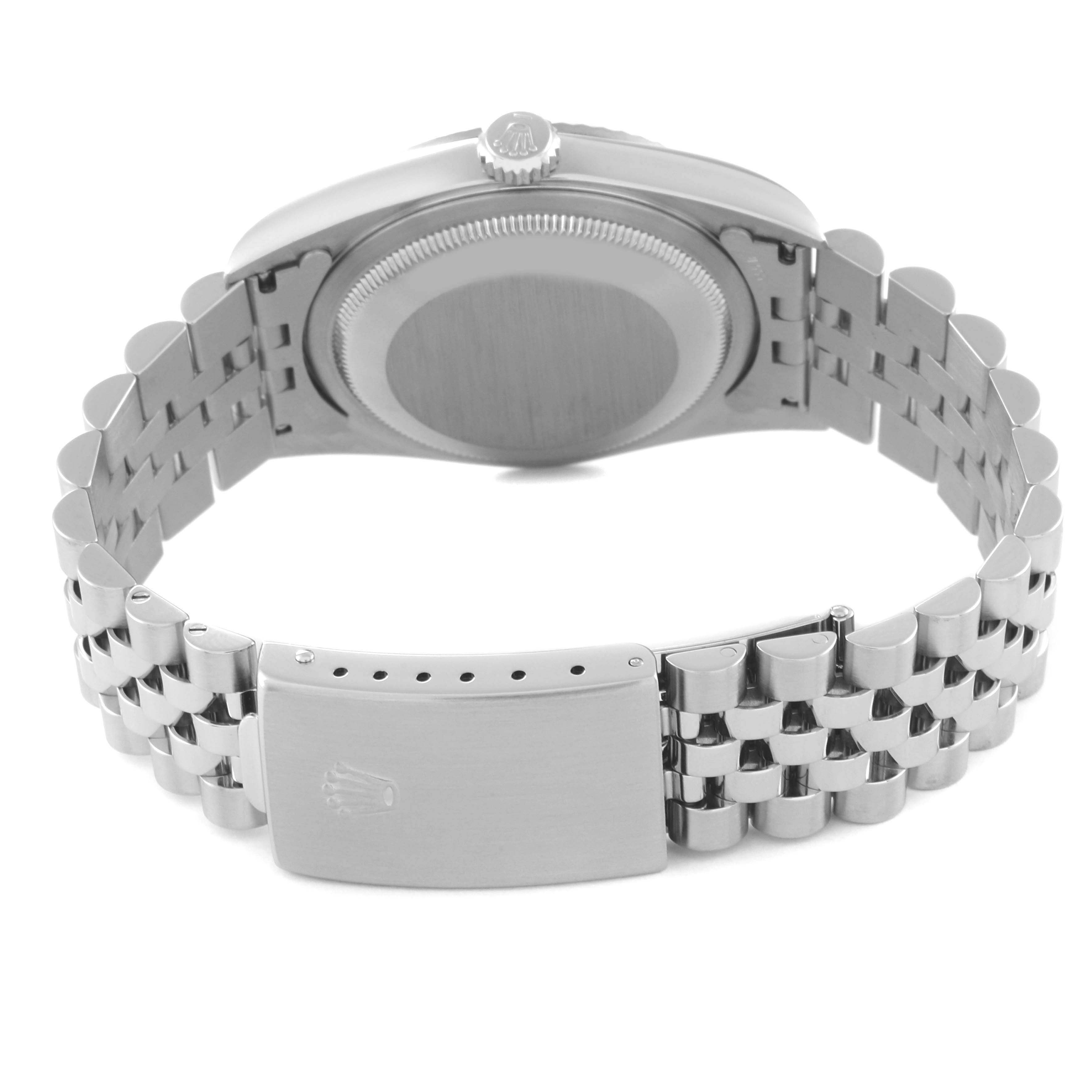 The image shows the back view of a Rolex Datejust 16234 Men's Stainless Steel Pink Dial 16234 Men's Stainless Steel Pink Dial watch, focusing on the case back and jubilee bracelet with the clasp.