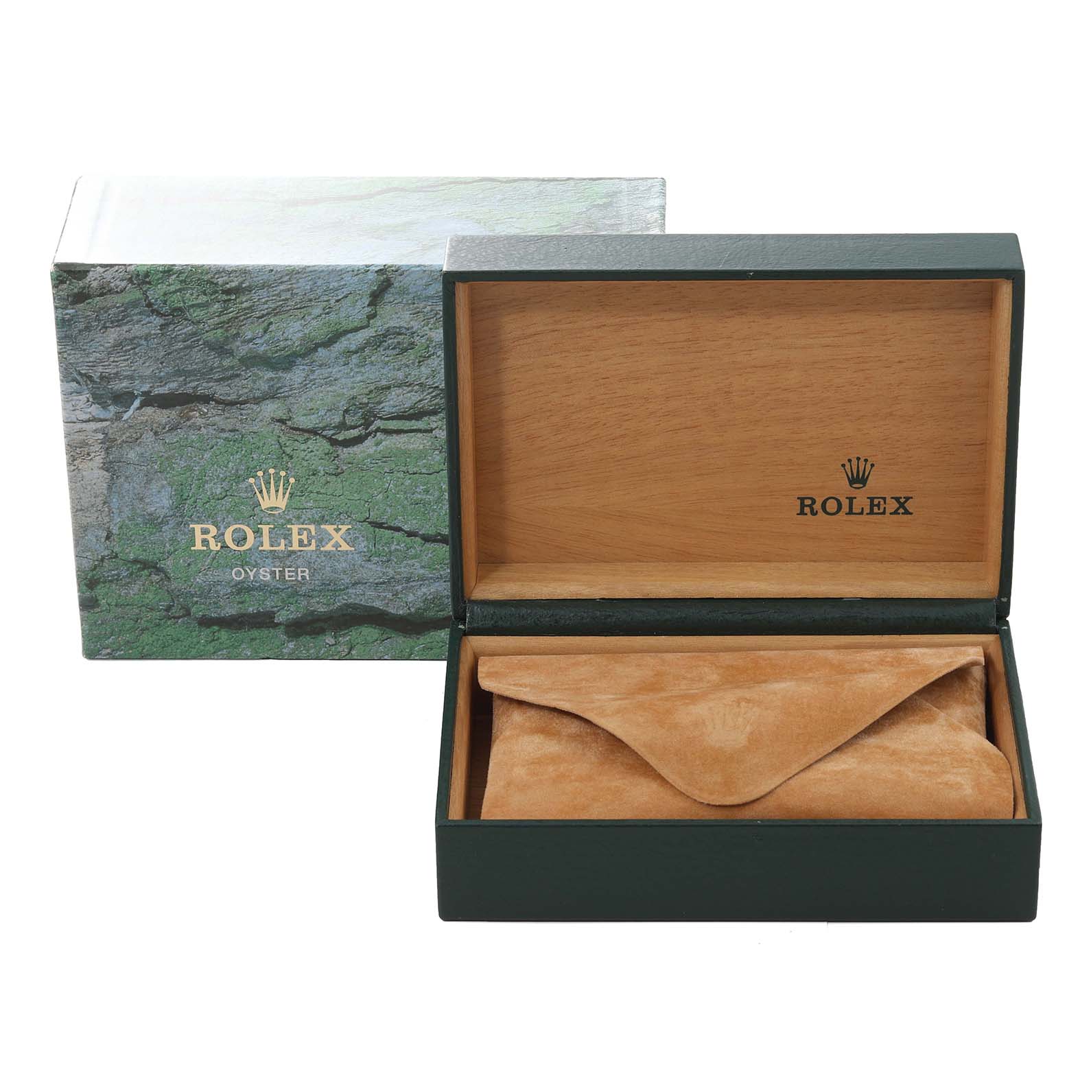 The image shows a Rolex Datejust 16234 Men's Stainless Steel Pink Dial 16234 Men's Stainless Steel Pink Dial watch box, partially open, revealing an interior suede pouch and wooden lining.