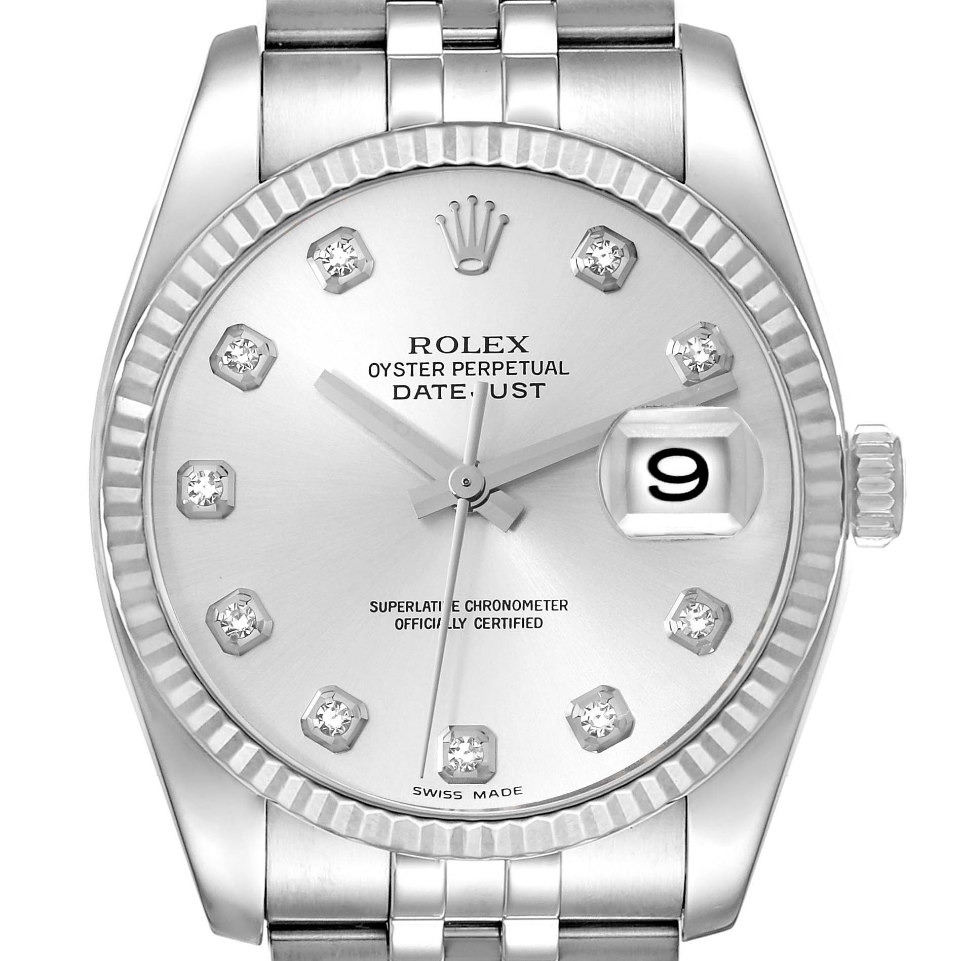 The image shows a frontal view of a Rolex Datejust 116234 Men's Stainless Steel Silver Dial 116234 Men's Stainless Steel Silver Dial watch, focusing on the face, bezel, and part of the bracelet.