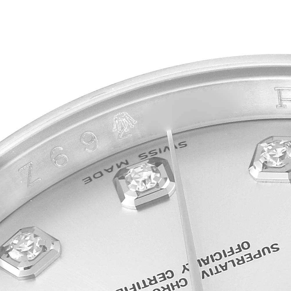 The image shows a close-up of the dial and engraving on the inner bezel of a Rolex Datejust 116234 Men's Stainless Steel Silver Dial 116234 Men's Stainless Steel Silver Dial watch.