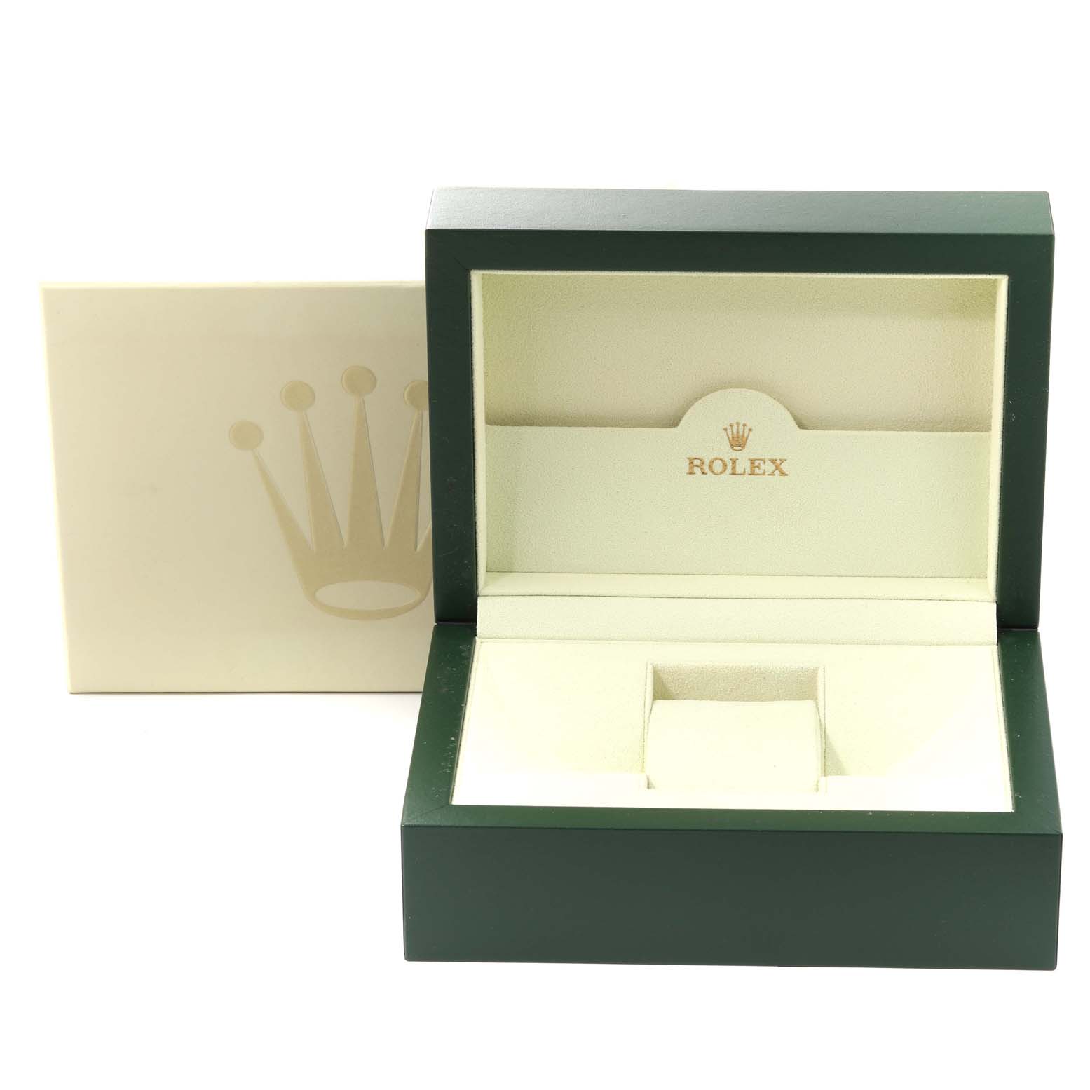 The image shows an empty Rolex Datejust 116234 Men's Stainless Steel Silver Dial 116234 Men's Stainless Steel Silver Dial watch box with an open lid, revealing the brand's logo inside.