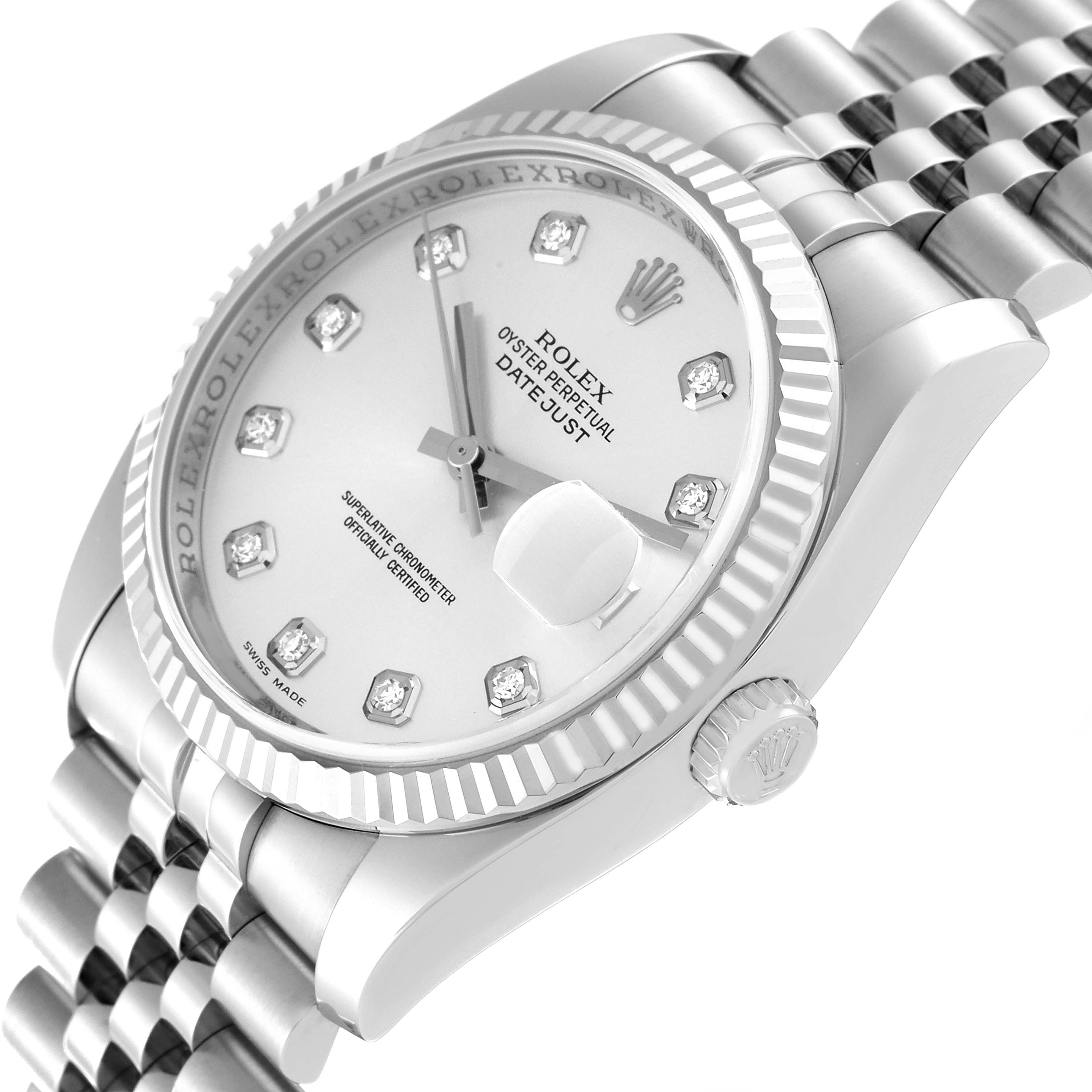 The Rolex Datejust 116234 Men's Stainless Steel Silver Dial 116234 Men's Stainless Steel Silver Dial watch is shown in a tilted angle, highlighting the crown, bezel, and part of the bracelet.