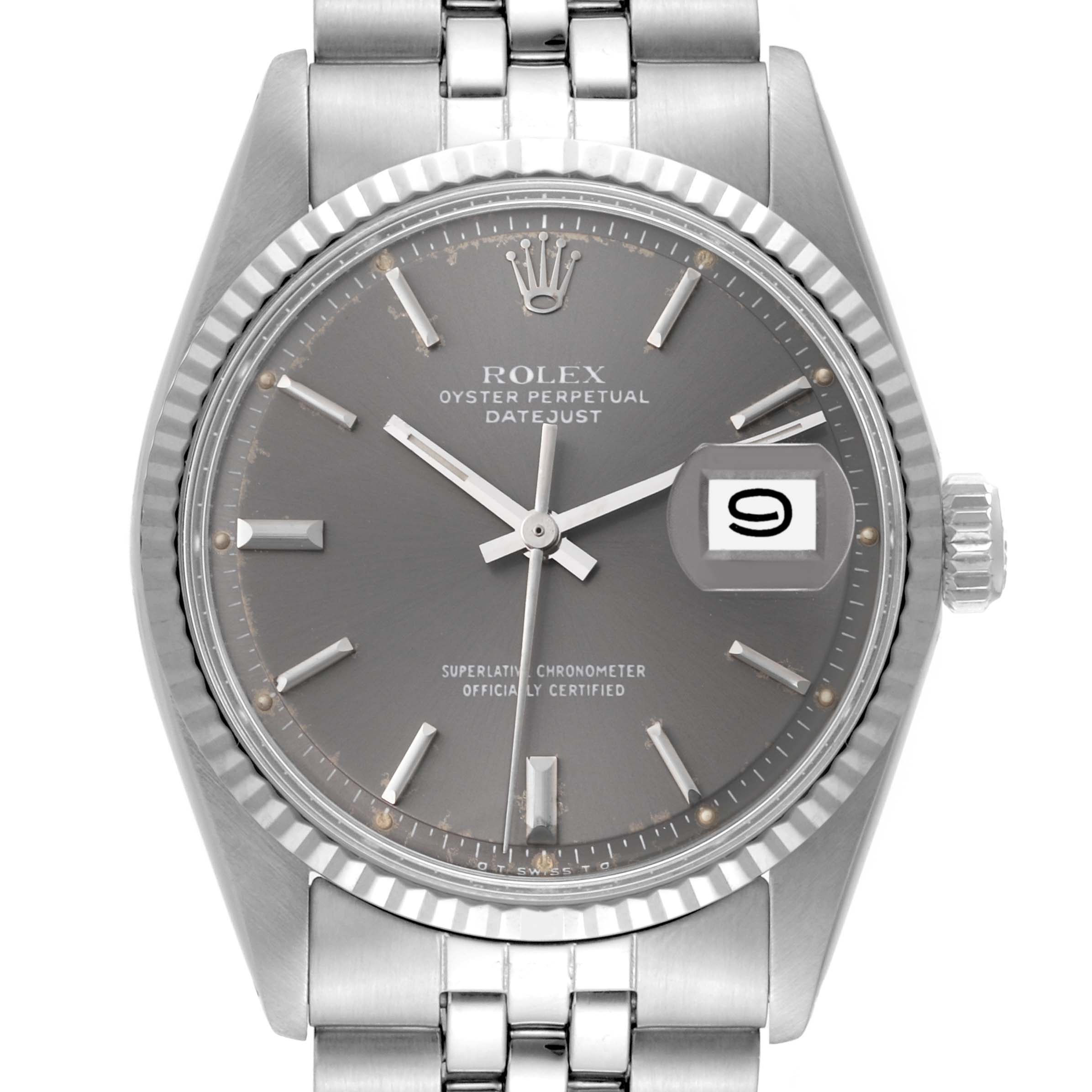 The image shows a front view of the Vintage Collection Rolex Datejust, displaying its dial, crown, and bracelet.