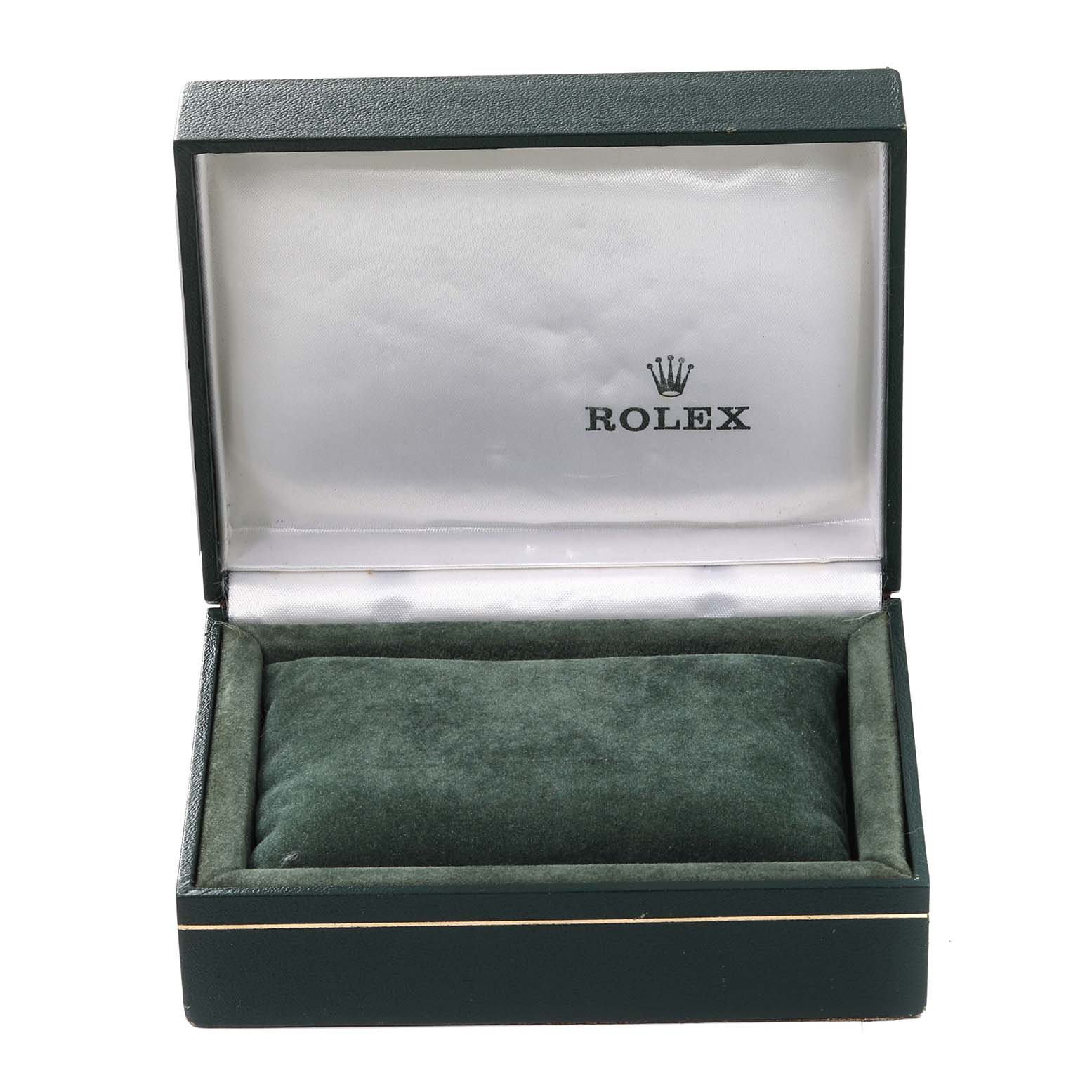 This image shows an open Rolex watch box from the Vintage Collection model, viewed from the front.