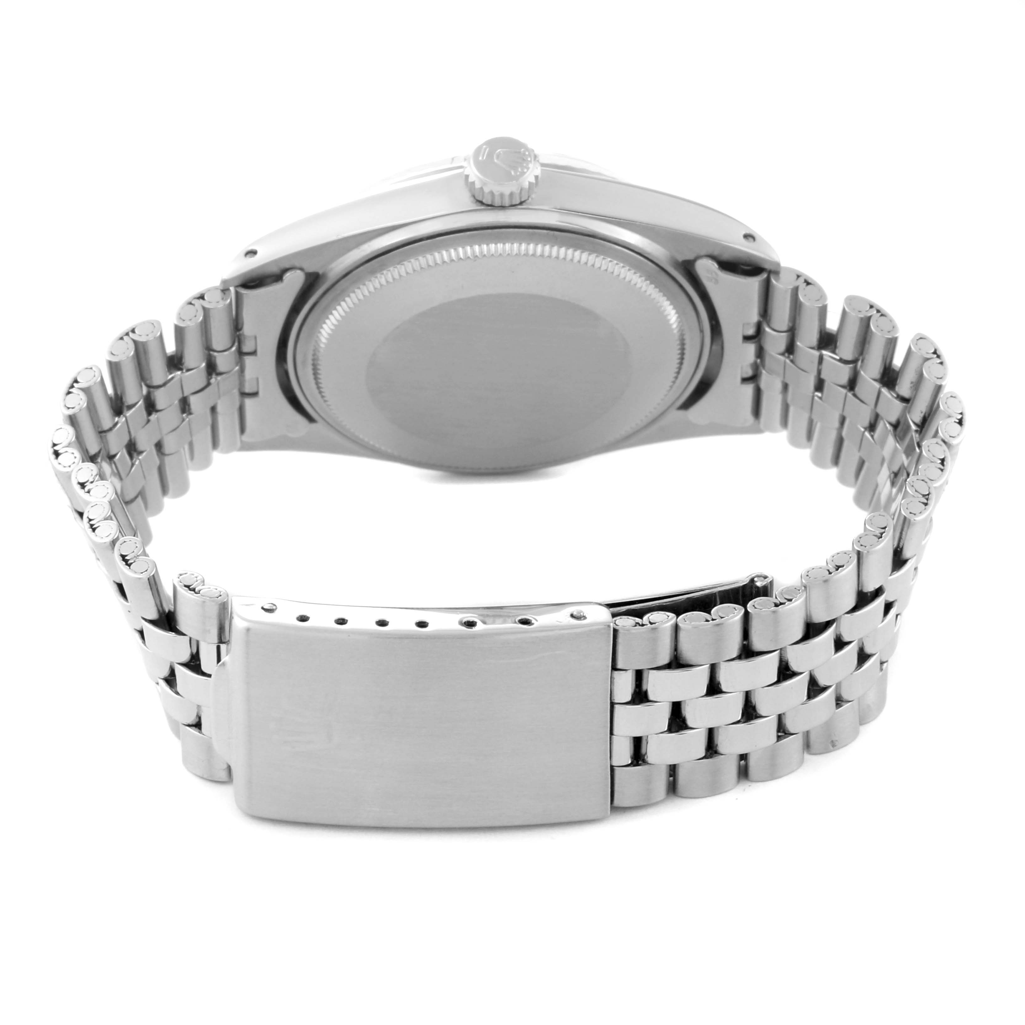 The image shows the back case and bracelet of a Vintage Collection model by Rolex, viewed from the rear angle.