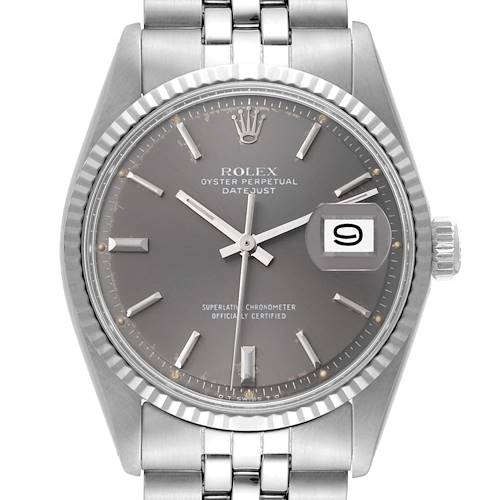 The image shows a frontal view of a Rolex Vintage Collection Datejust watch, highlighting its dial, bracelet, and crown.