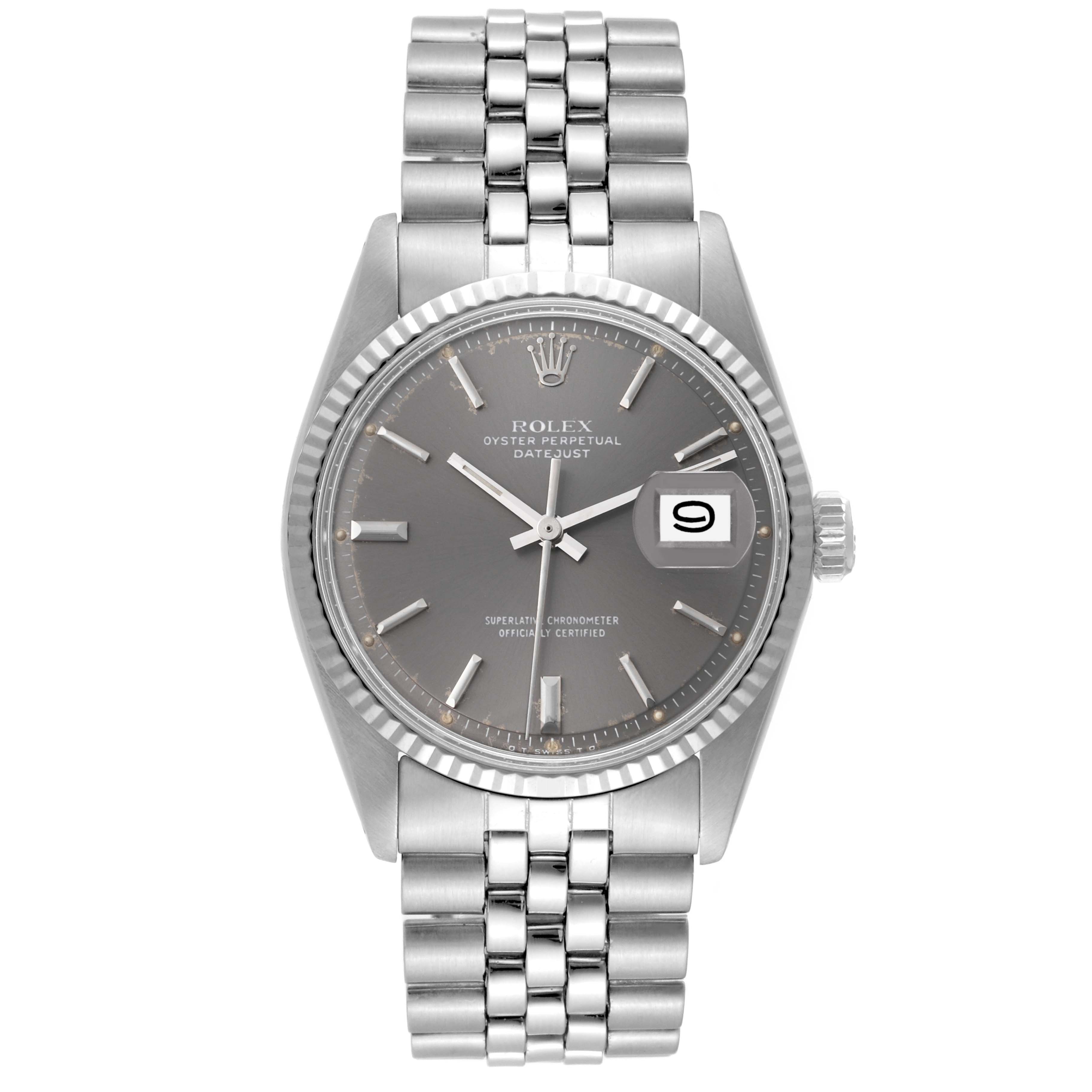 This image shows a frontal view of the Rolex Vintage Collection 1601 Men's Stainless Steel Grey Dial 1601 Men's Stainless Steel Grey Dial model watch, highlighting its face, bracelet, and crown.