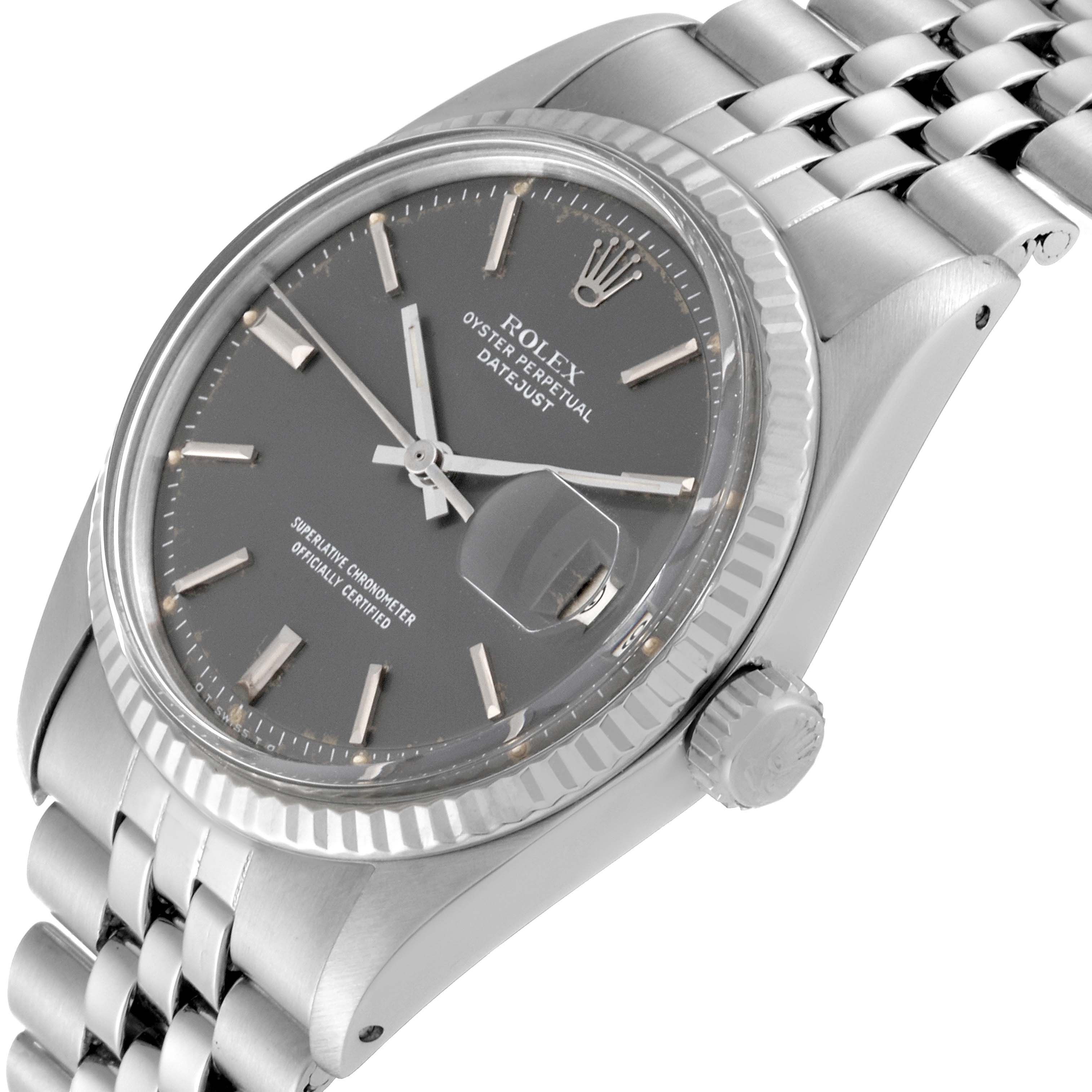 This image shows a top-side angle of the Rolex Vintage Collection 1601 Men's Stainless Steel Grey Dial 1601 Men's Stainless Steel Grey Dial model, highlighting the dial, bezel, case, crown, and bracelet.