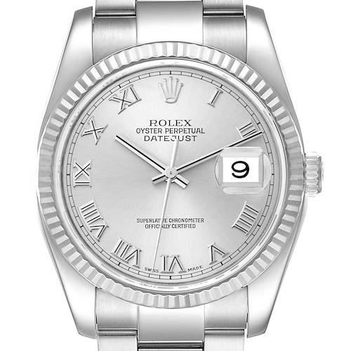 The image shows a front view of a Rolex Datejust watch, highlighting its dial, bezel, and bracelet.