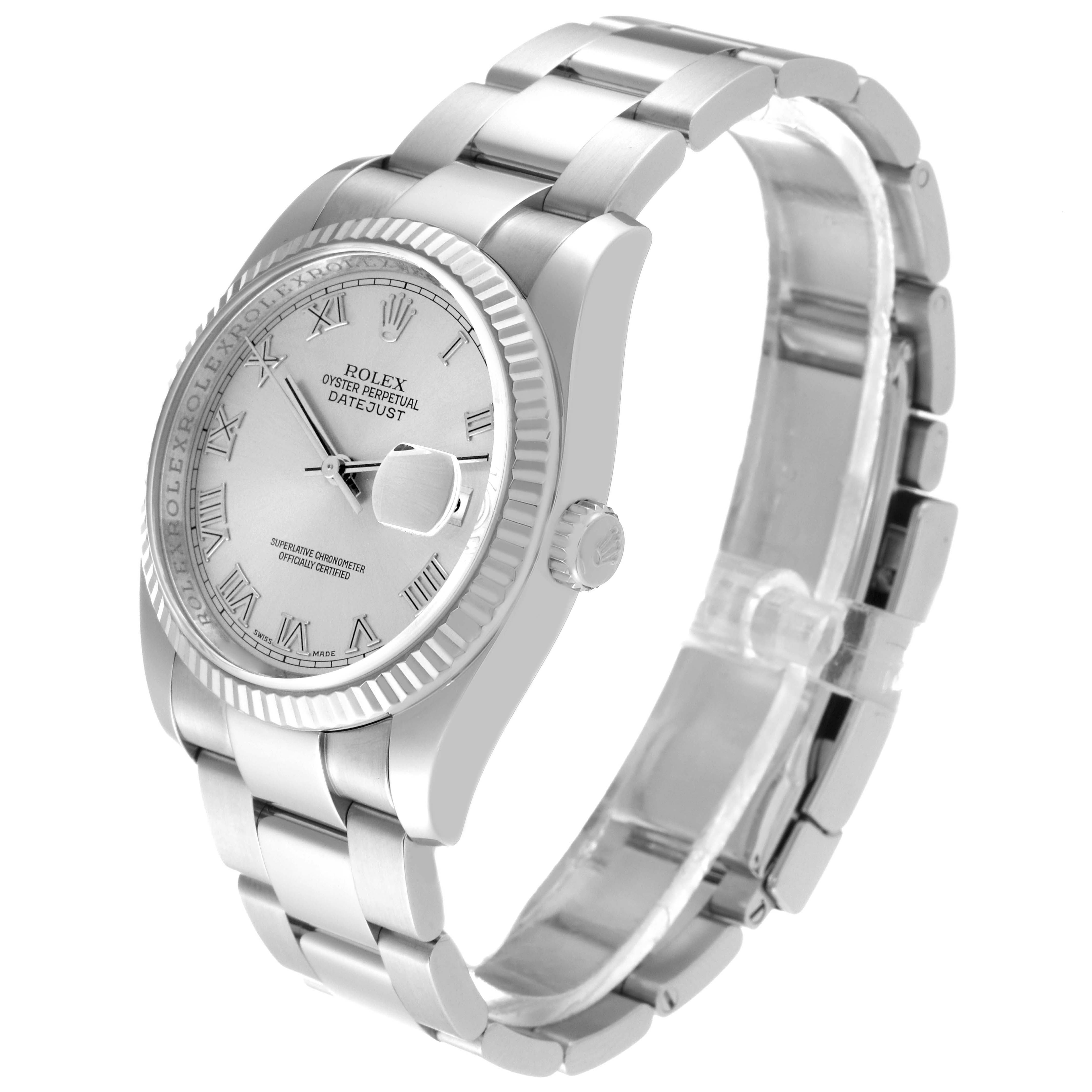 The image shows a Rolex Datejust 116234 Men's Stainless Steel Silver Dial 116234 Men's Stainless Steel Silver Dial watch at a three-quarter angle, displaying the face, bezel, crown, and bracelet.