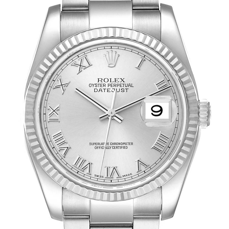 The image shows a frontal view of a Rolex Datejust watch, highlighting its dial, fluted bezel, and bracelet.