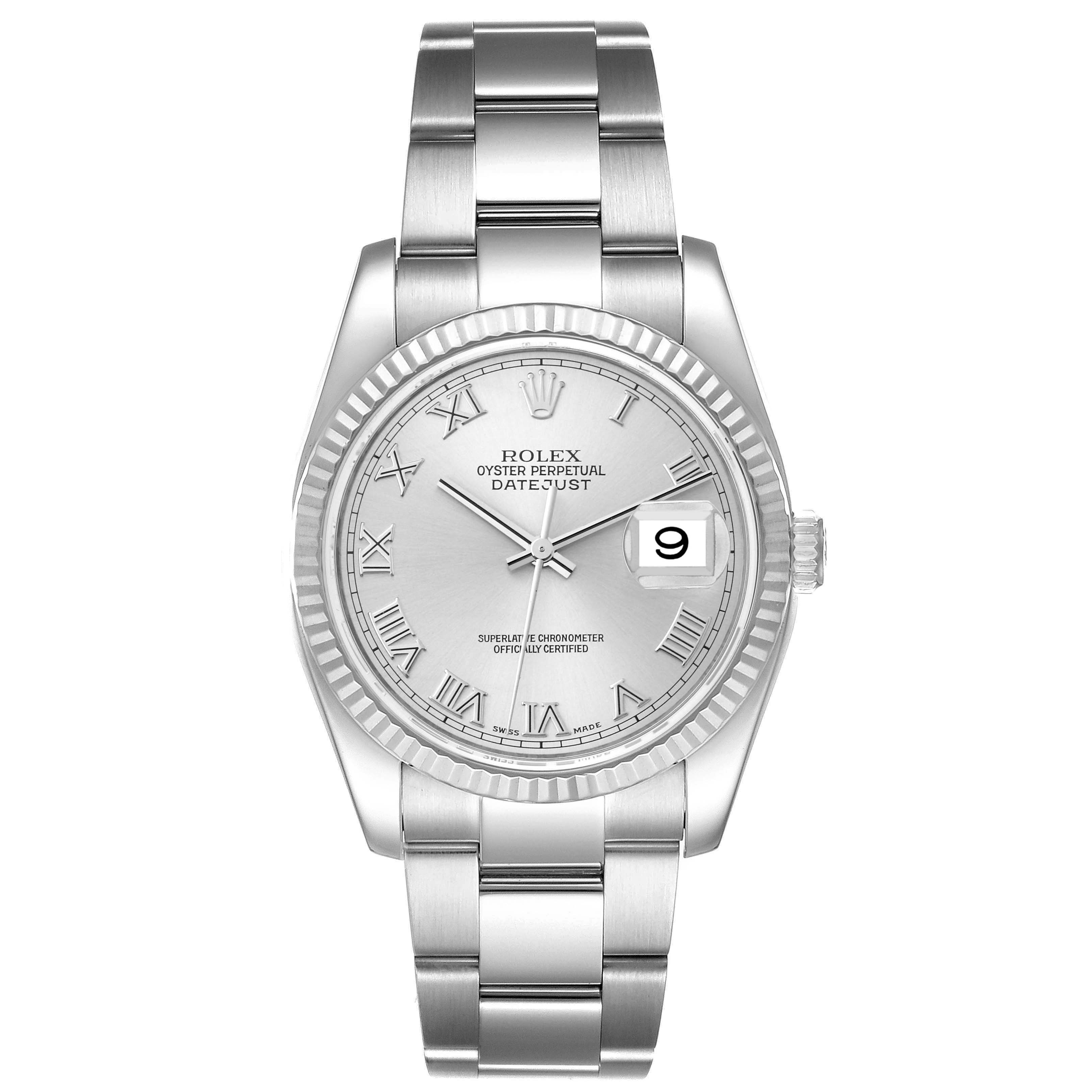 This image shows a Rolex Datejust 116234 Men's Stainless Steel Silver Dial 116234 Men's Stainless Steel Silver Dial model watch from a front view, clearly displaying the dial, bezel, and bracelet.