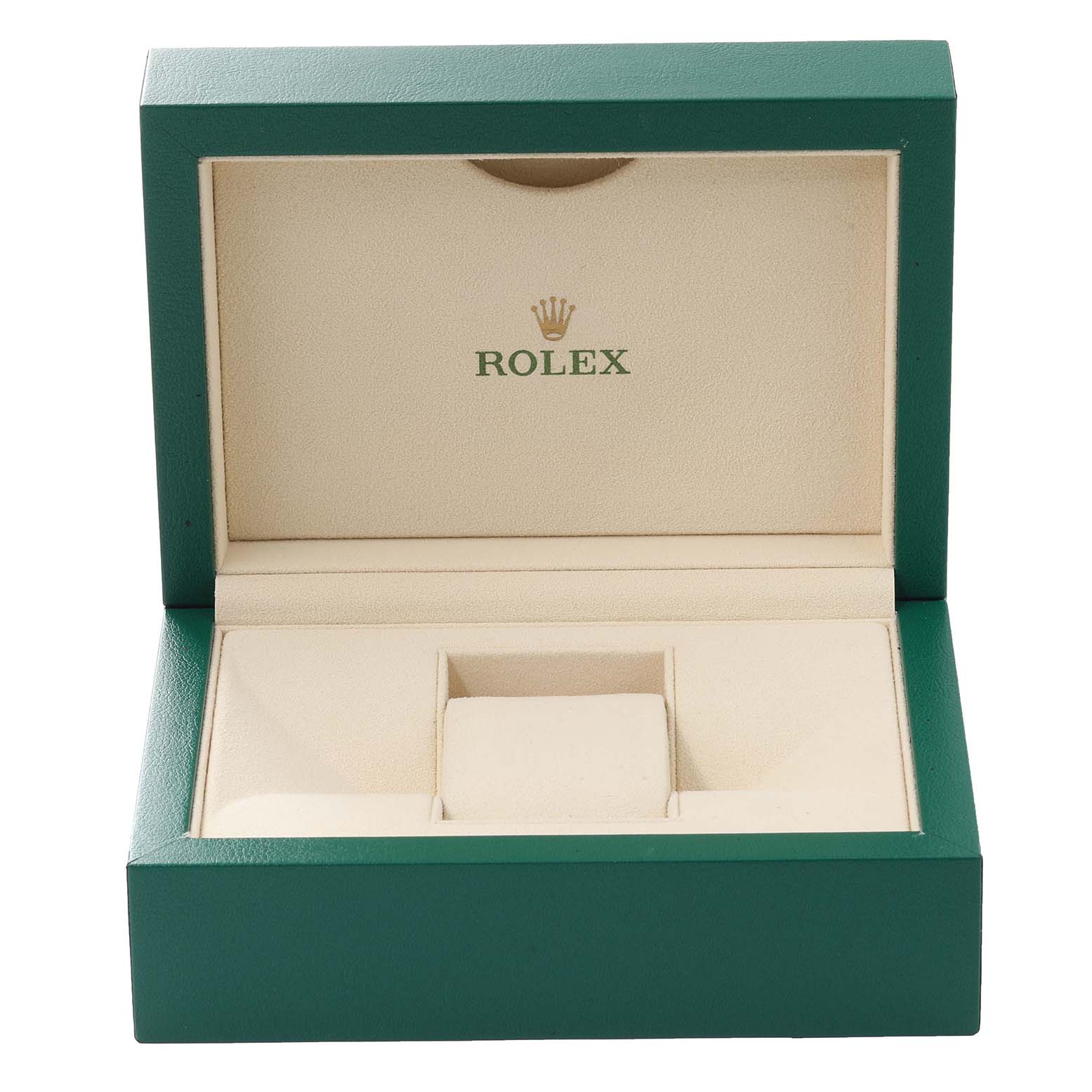 The image shows an open green and beige Rolex watch box for the Datejust model, displaying the interior compartments from a front angle.