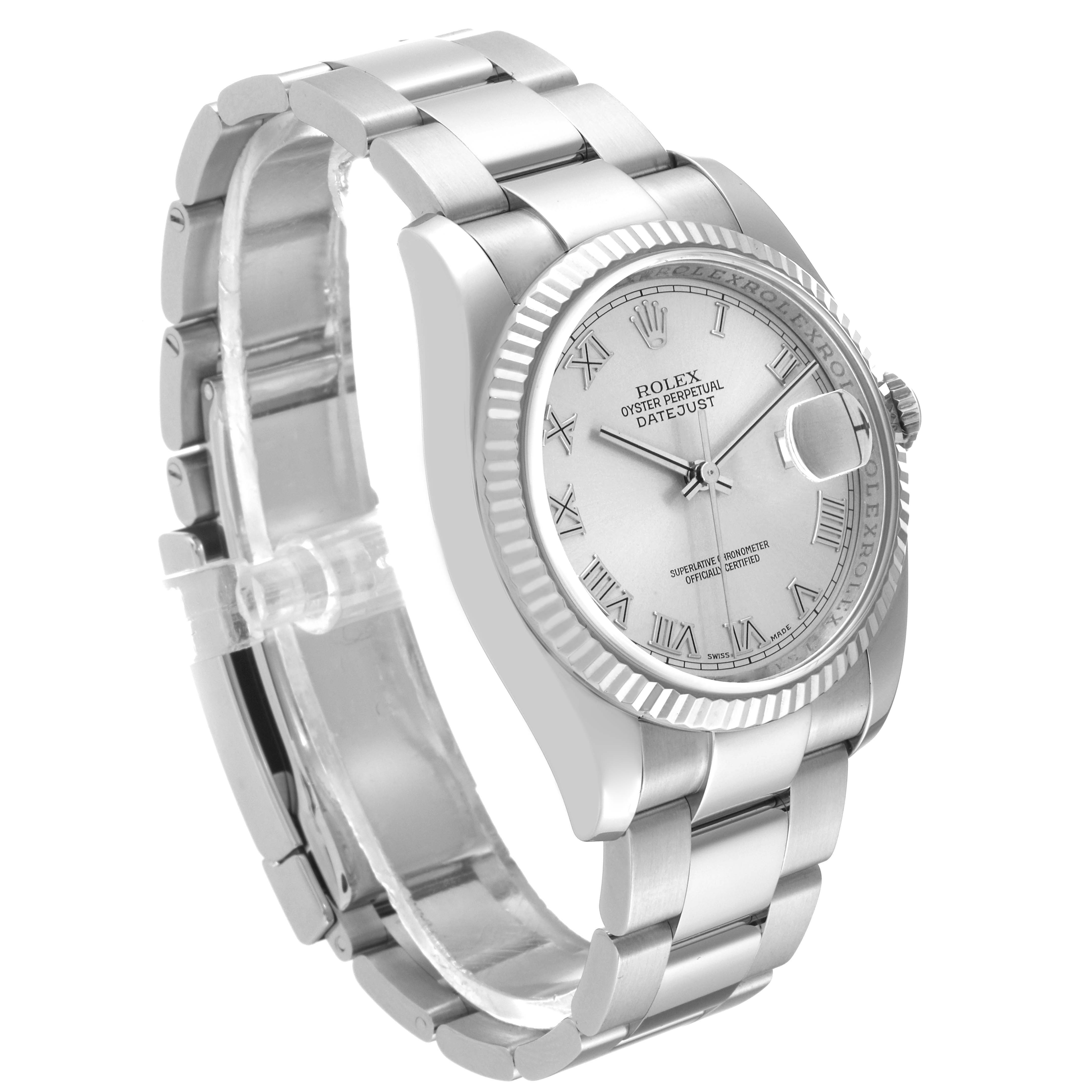 The image shows a Rolex Datejust 116234 Men's Stainless Steel Silver Dial 116234 Men's Stainless Steel Silver Dial watch at a three-quarter angle, highlighting the face, bezel, crown, and bracelet.