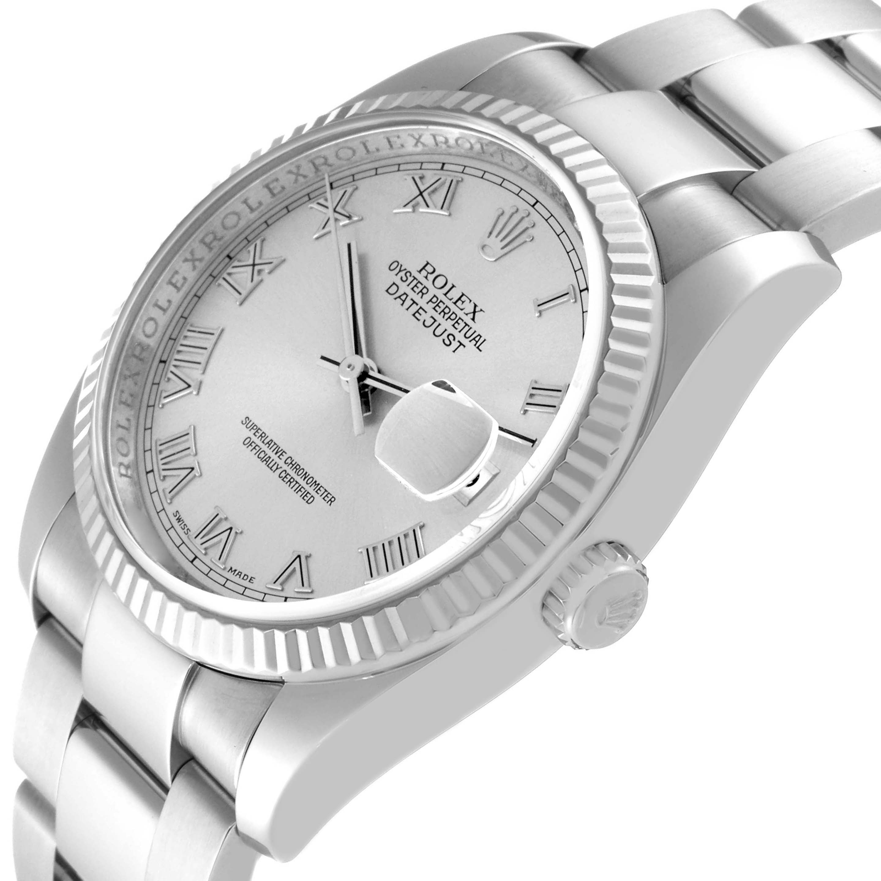 This image shows a close-up angle of the face, bezel, crown, and part of the bracelet of the Rolex Datejust 116234 Men's Stainless Steel Silver Dial 116234 Men's Stainless Steel Silver Dial model watch.