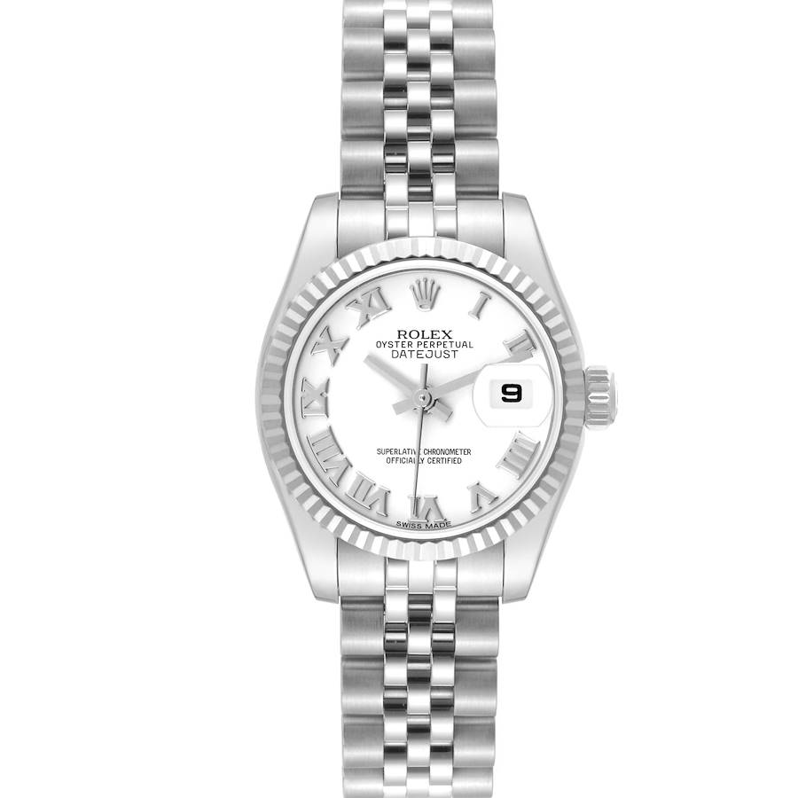 The Rolex Datejust watch is shown from a front view, highlighting the face, bezel, and bracelet.