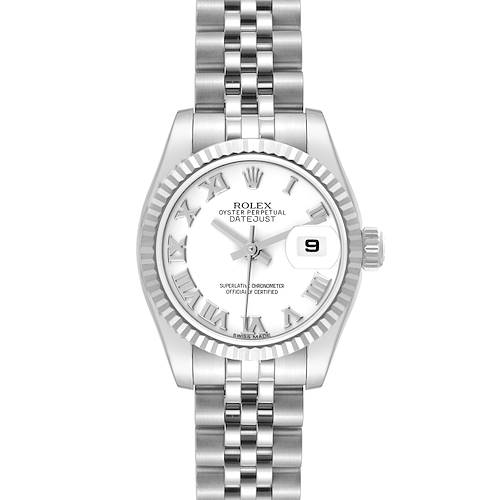 The image shows a Rolex Datejust watch, viewed from the front, displaying the dial, bezel, crown, and bracelet.