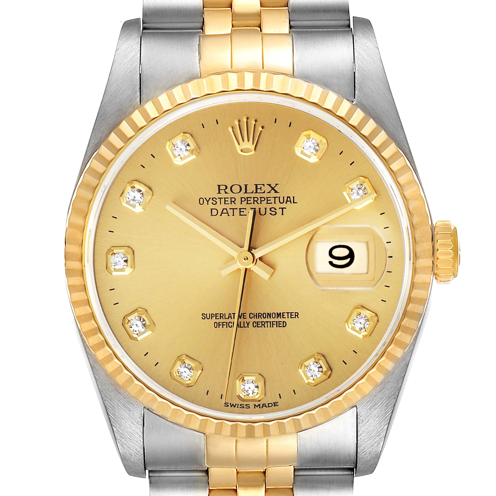 The image shows a front view of a Rolex Datejust model 16233 men's watch, displaying the gold dial, diamond hour markers, fluted bezel, and two-tone bracelet.