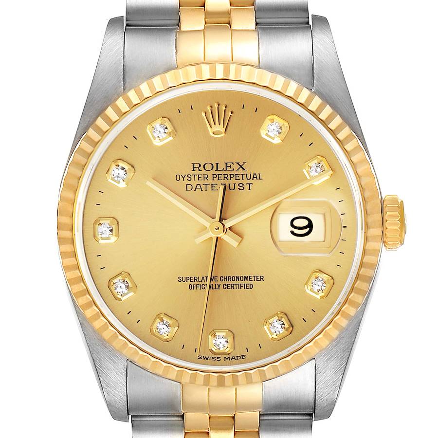 The image shows a front view of a Rolex Datejust model 16233 men's watch, displaying the gold dial, diamond hour markers, fluted bezel, and two-tone bracelet.