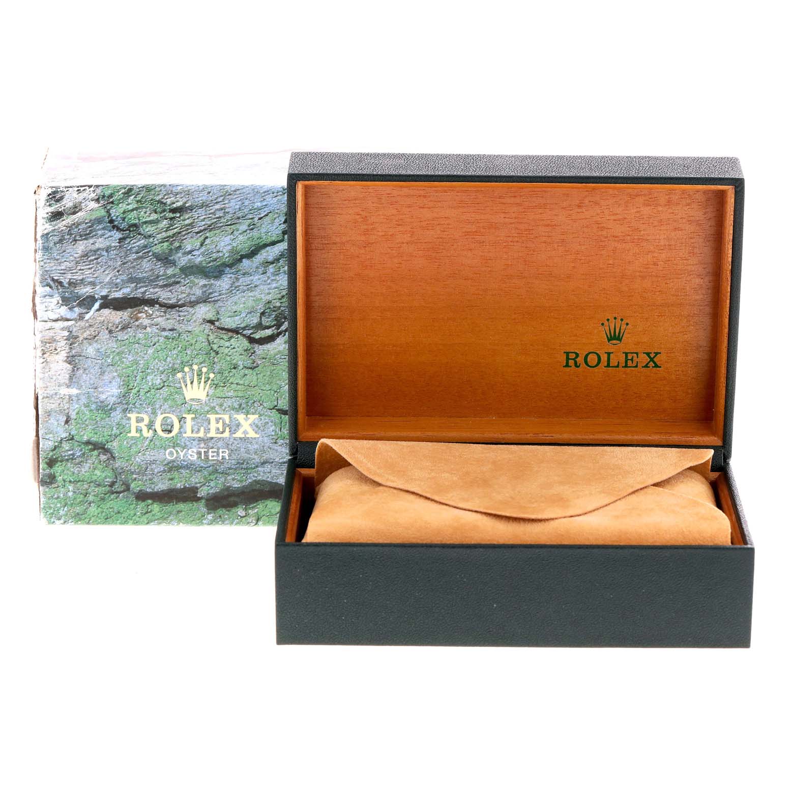 The image shows the open box and packaging for a Rolex Datejust model 16233 men's watch, displaying the logo and interior padding.