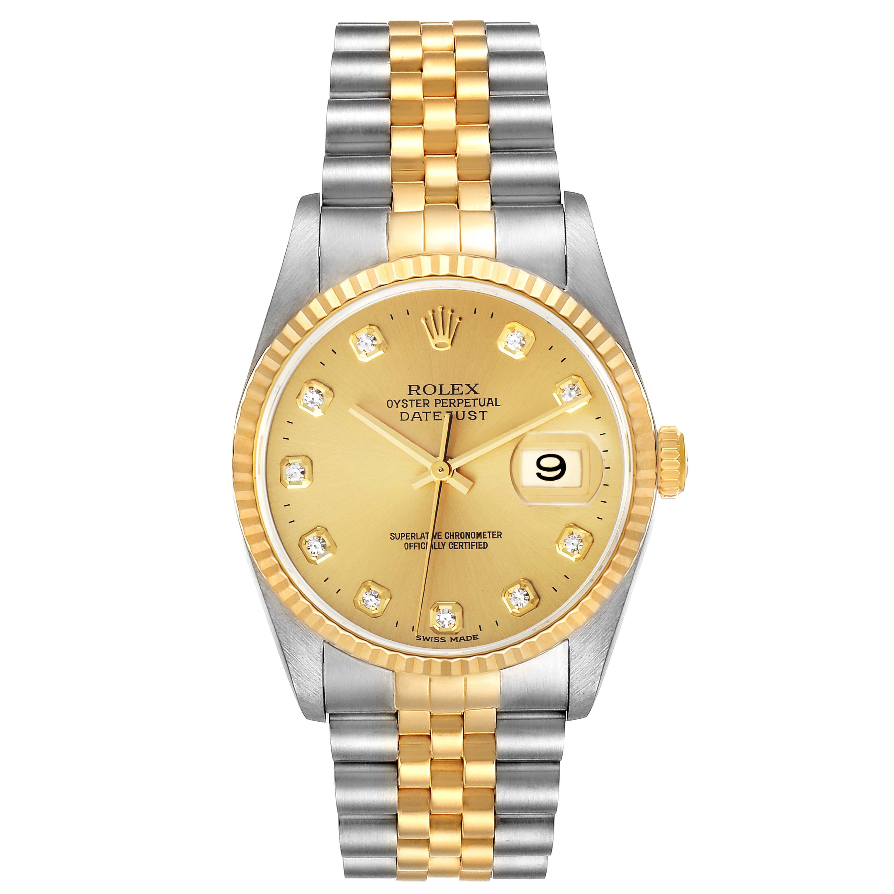 The Rolex Datejust model 16233 is shown from a top view, displaying the gold and steel Jubilee bracelet, fluted bezel, champagne dial, and diamond hour markers.