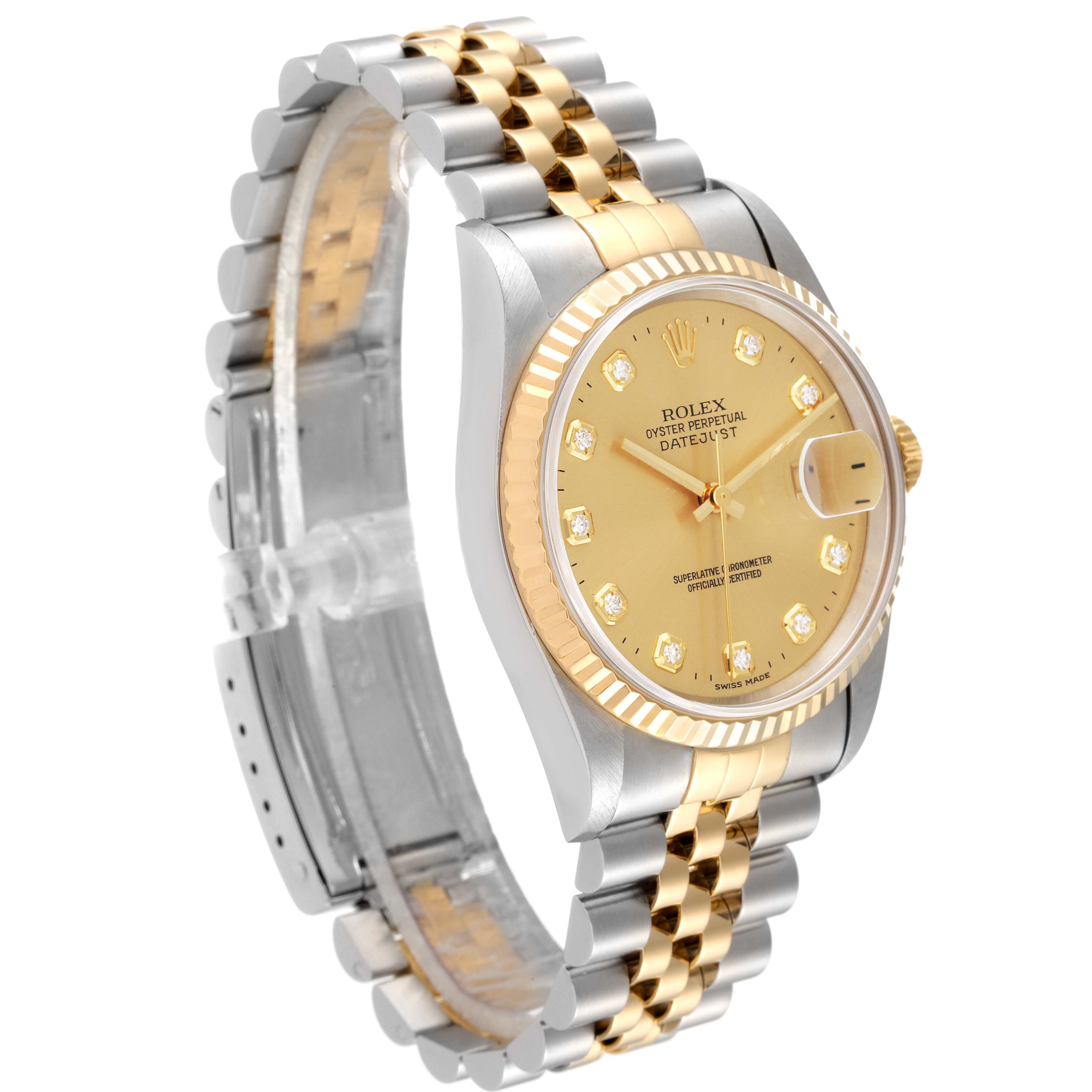 The Rolex Datejust model 16233 is shown at an angled side view, highlighting the gold and silver jubilee bracelet, the gold dial with diamond markers, and the fluted bezel.