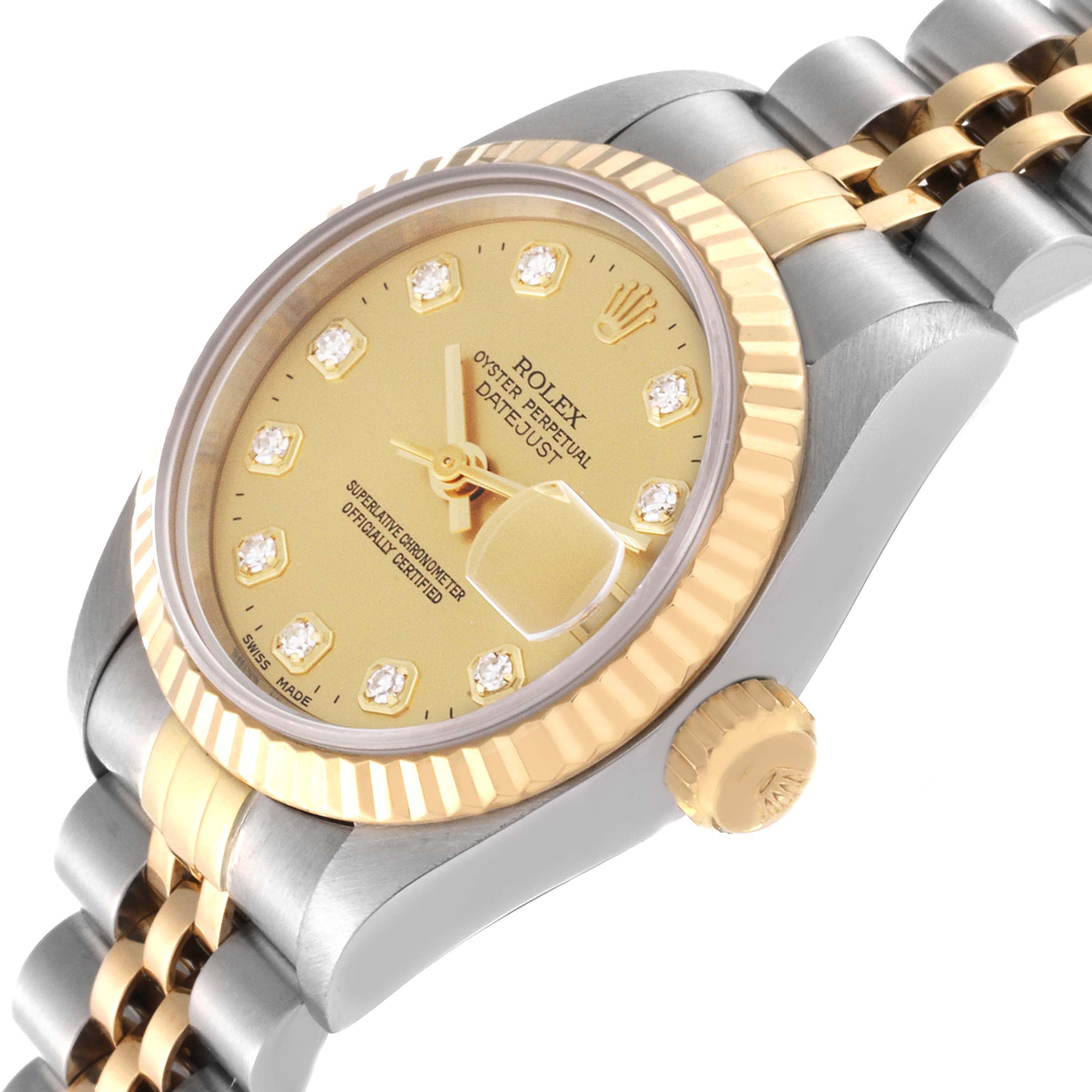 This image shows a close-up, angled view of a Rolex Datejust 69173 Women's Steel and Gold (two tone) Champagne Dial 69173 Women's Steel and Gold (two tone) Champagne Dial watch, highlighting its gold dial, fluted bezel, diamond hour markers, and two-tone bracelet.