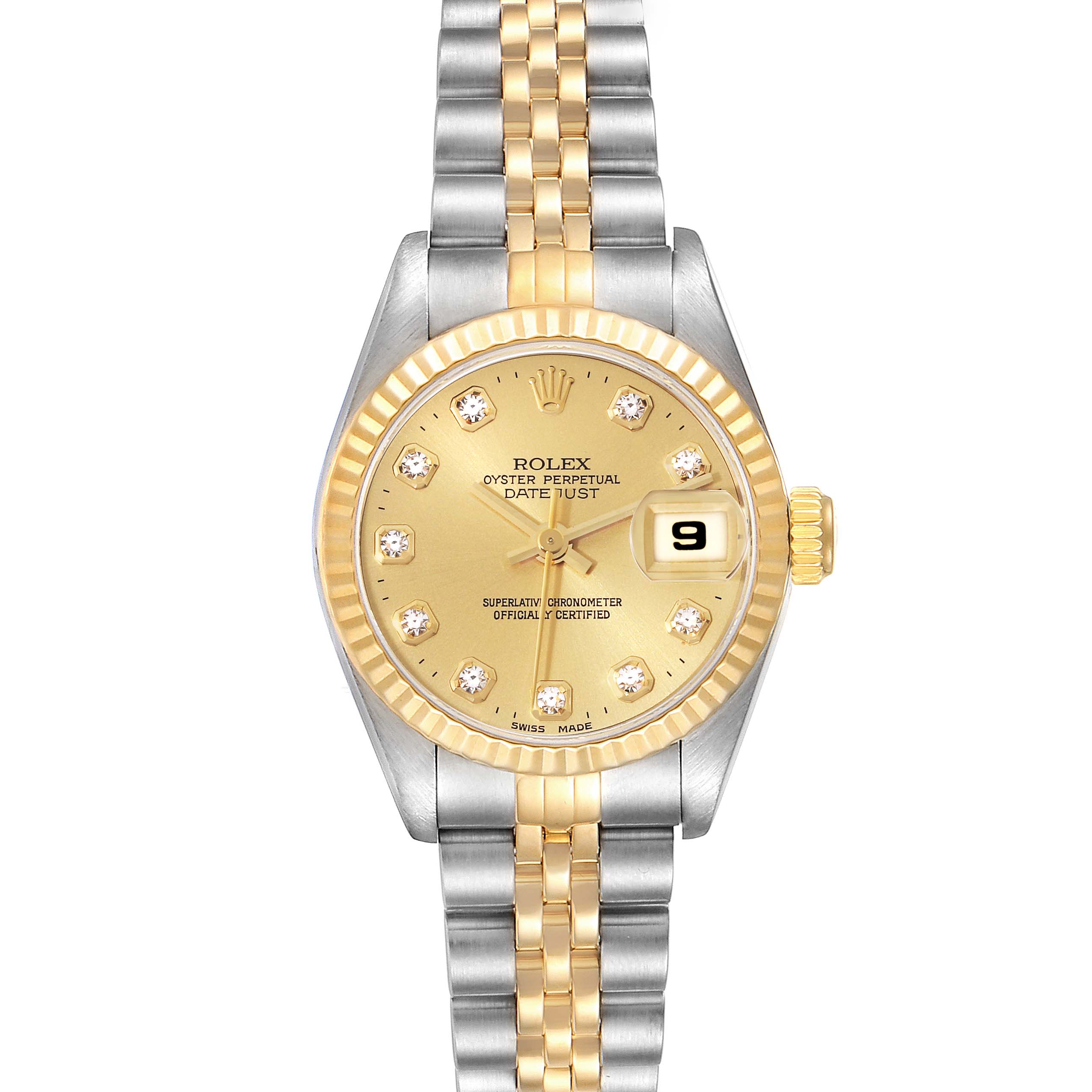 This image shows a front view of a Rolex Datejust 69173 Women's Steel and Gold (two tone) Champagne Dial 69173 Women's Steel and Gold (two tone) Champagne Dial watch with a gold and silver tone bracelet.